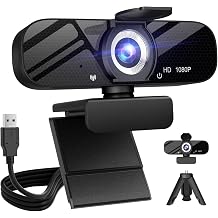 Tewiky Full HD Webcam with Built-in Microphone and Rotatable Tripod, 1080P Video and Wide Angle Camera, Privacy Cover, for Desktop PC or Laptop Computer