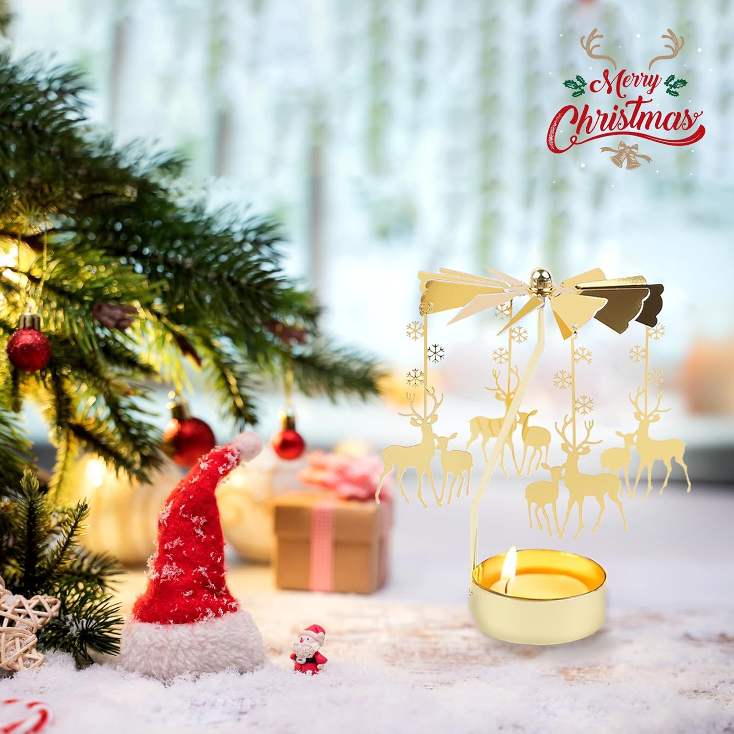 Rotating Candle Holder, Gold, 8x8x12cm, Multi-purpose, Christmas, Wedding, Birthday, Valentine's Day
