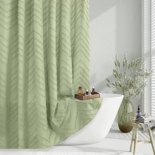 Green Boho Woven Fabric Tufted Chervon Textured Modern Minimalist Neutral Striped Waterproof Shower Curtain 72 x 72 Inches