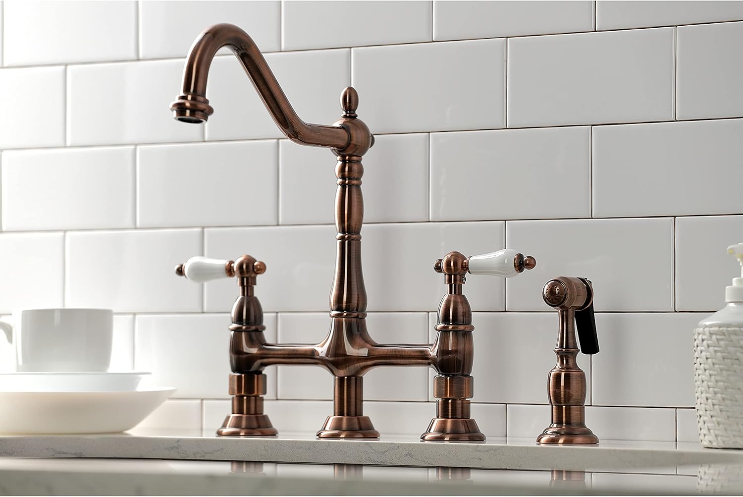 Kingston Brass KS127PLBSAC Heritage Bridge Kitchen Faucet with Brass Sprayer, Antique Copper