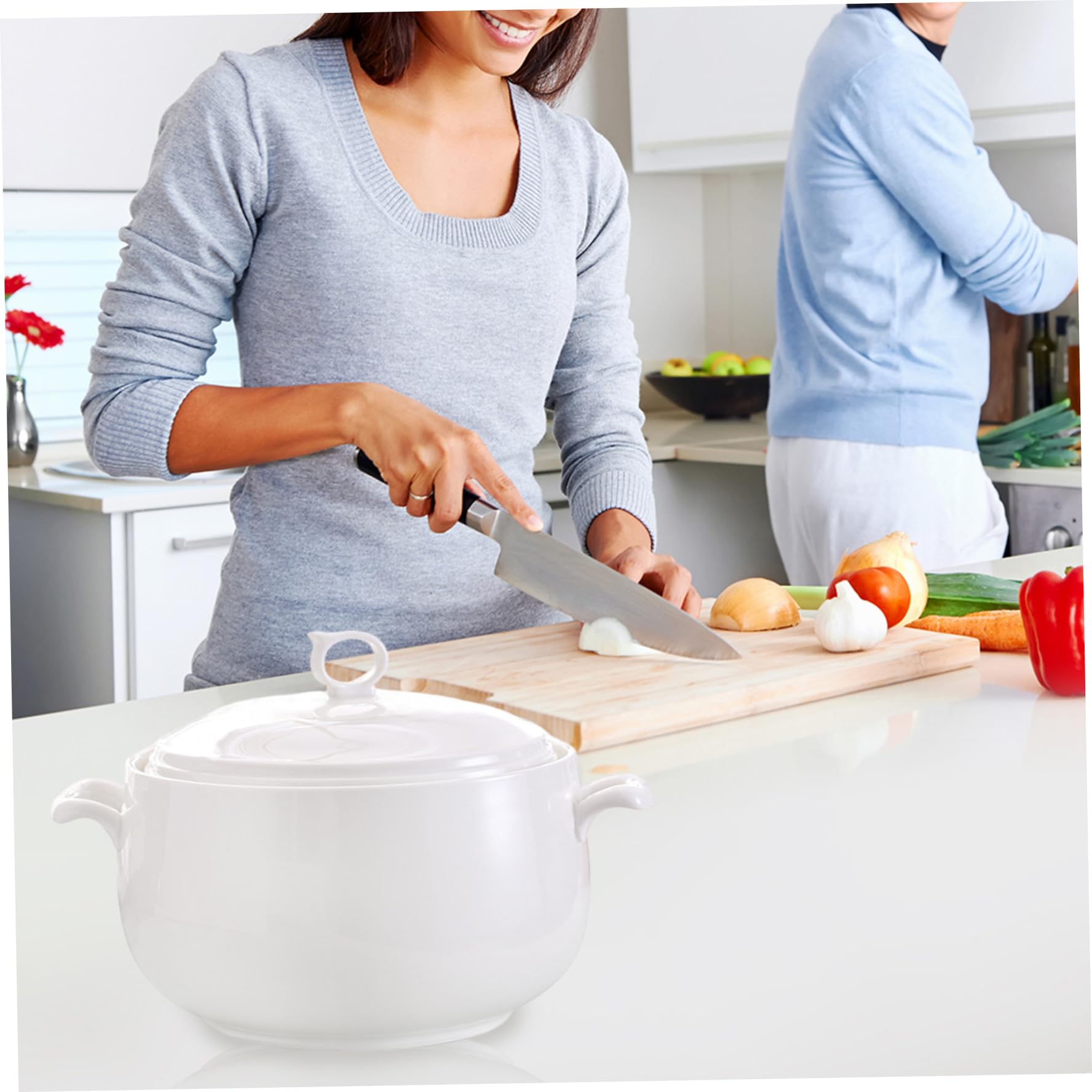 Zuppiera da 3000 ml, ciotole da portata rotonde in ceramica con coperchi, ciotole da zuppa resistenti al calore con manici, adatte al microonde per ristoranti, cucine domestiche