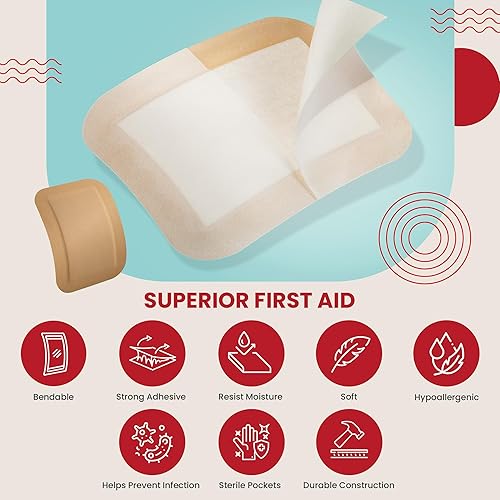 Miniatura 5 de Paquete de 50 bandas extra grandes de 3 x 4 pulgadas, vendajes adhesivos sin látex, vendajes grandes para heridas en codos, rodillas y más, apósitos