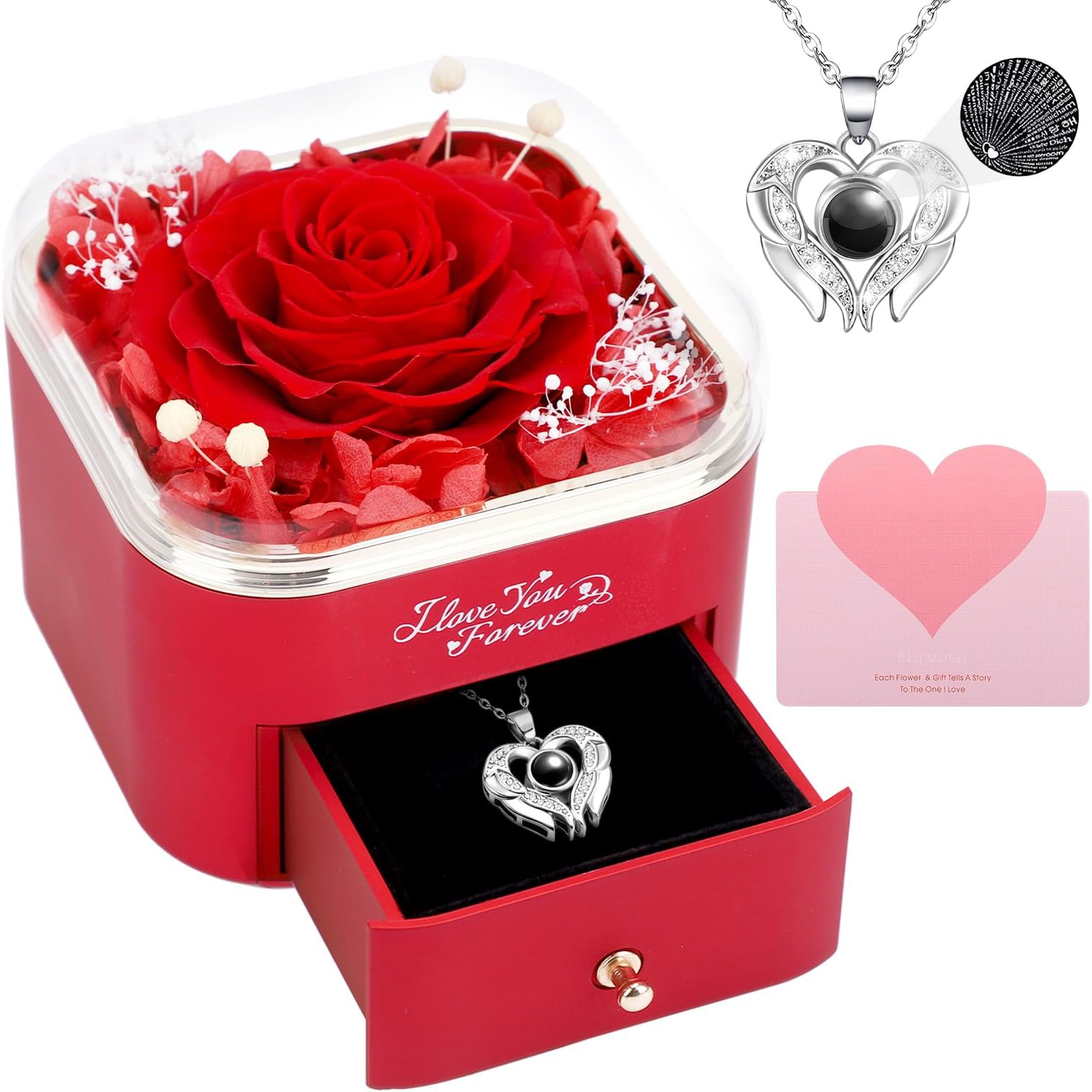 CHUANGLIPreserved Real Rose with I Love You Necklace in 100 Languages, Eternal Flower Gifts for Women Mum Wife Girlfriend on Valentines Day Mothers Day, Anniversary Birthday Gifts for Women