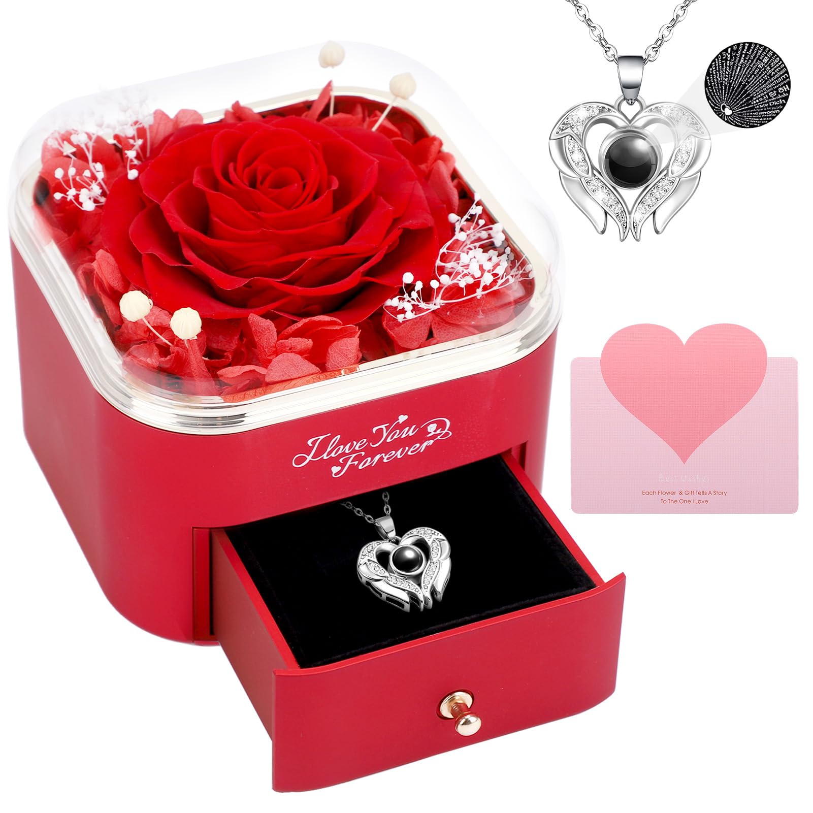 CHUANGLIPreserved Real Rose with I Love You Necklace in 100 Languages, Eternal Flower Gifts for Women Mum Wife Girlfriend on Valentines Day Mothers Day, Anniversary Birthday Gifts for Women