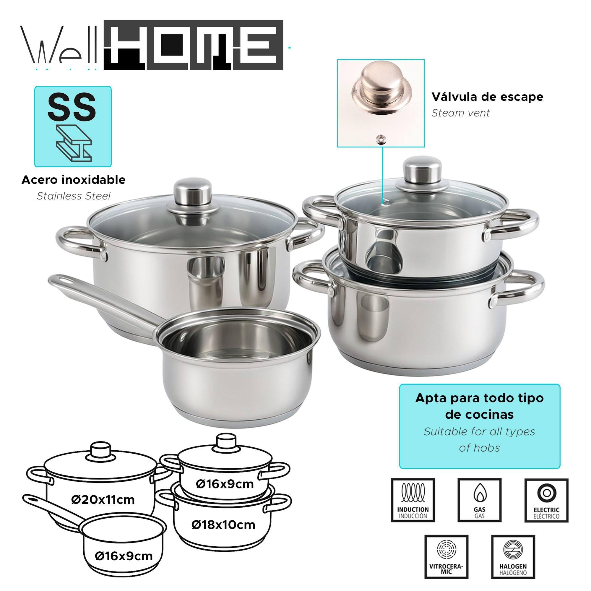 Well Home Pack Batería de cocina 7 Piezas en acero inoxidable + Sartenes Ø16Ø20Ø24Ø28cm Aluminio prensado Bronce metalizado