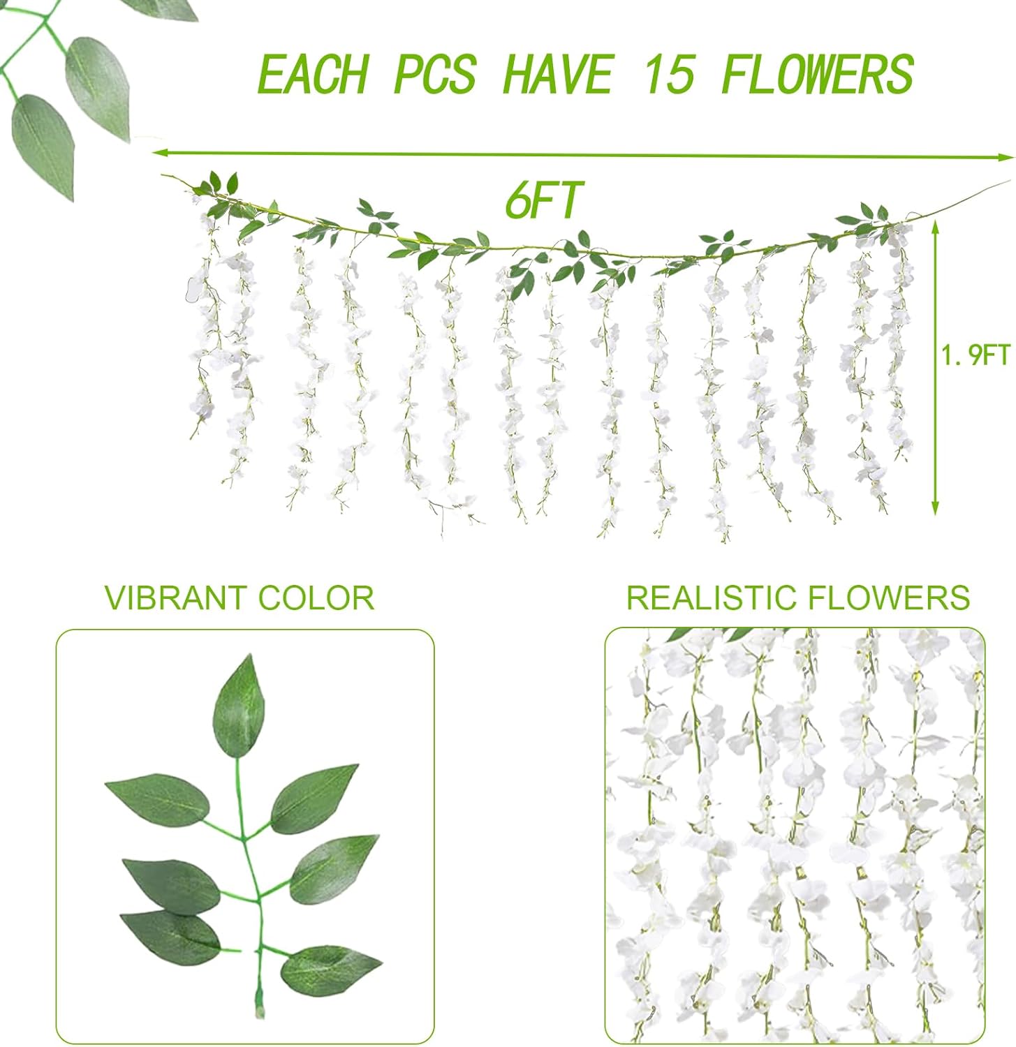 Wisteria Hanging Flowers Garland, Artificial Wisteria Garland White Fake Wisteria Flower for Wedding Arch Wall Backdrop Home Party Garden Outdoor Decoration (White, 4 Pack)