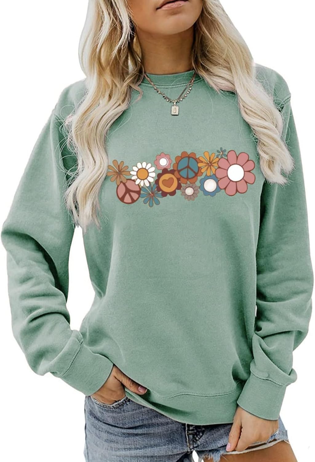 Flower Sweatshirt for Women Hippie 70s Pullover Vintage Minimalistic Floral Graphic Casual Long Sleeve Tops - Image 3