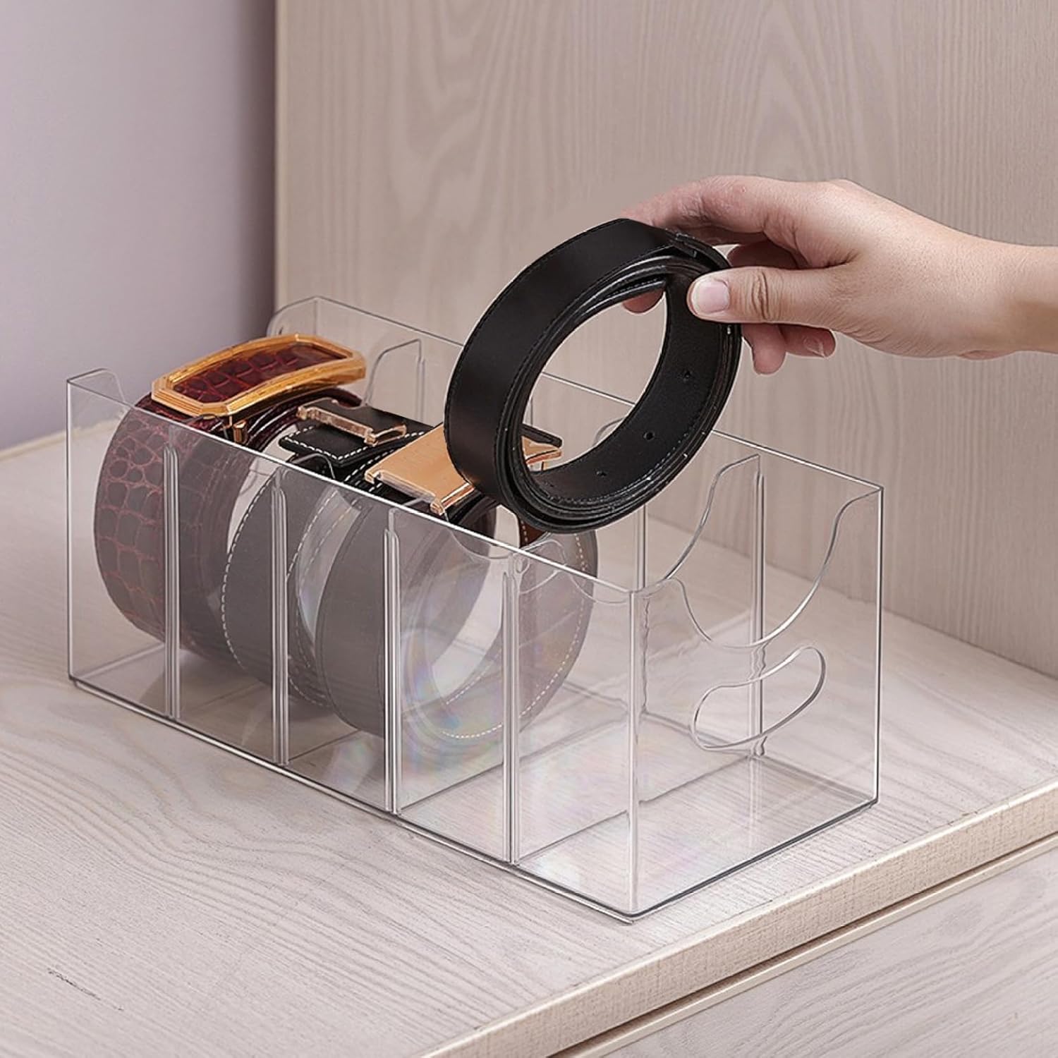 Acrylic Belt Organizer with 5 Compartments, Clear Belt Storage Organizer Box for Closet Drawer, Display & Organize Belts Ties Accessories (11.1" L x 5.3" W x 4.9" H)