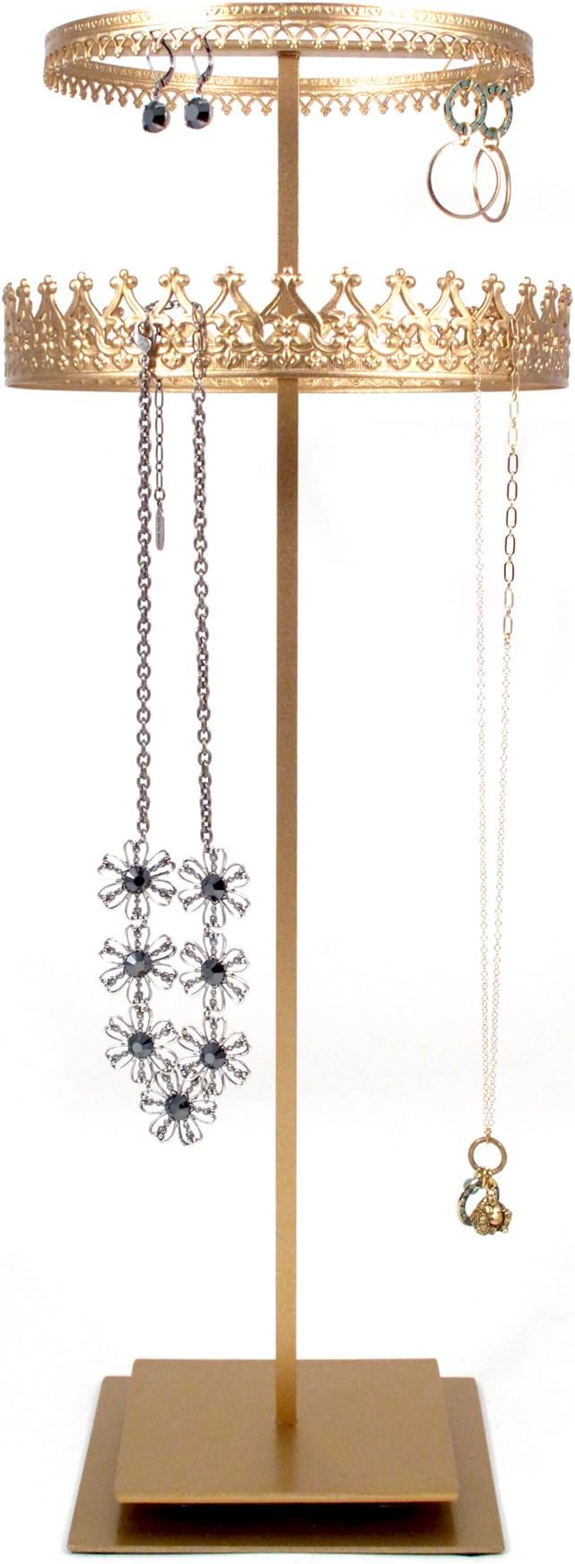 Royal Crown Display rotating circular 2 Tier combo necklace earring organizer stand - Gold