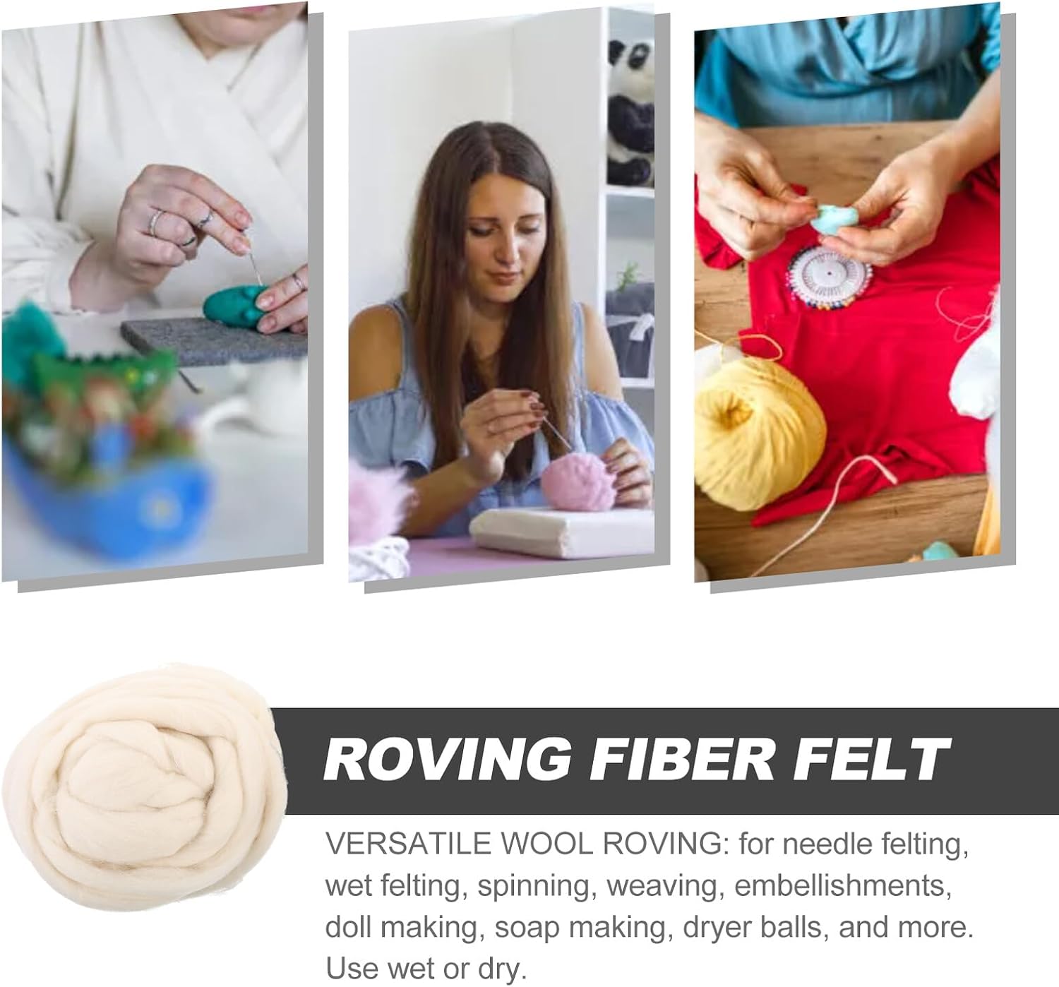 White Wool Roving for Needle Felting, 200g Craft Fiber Bundle