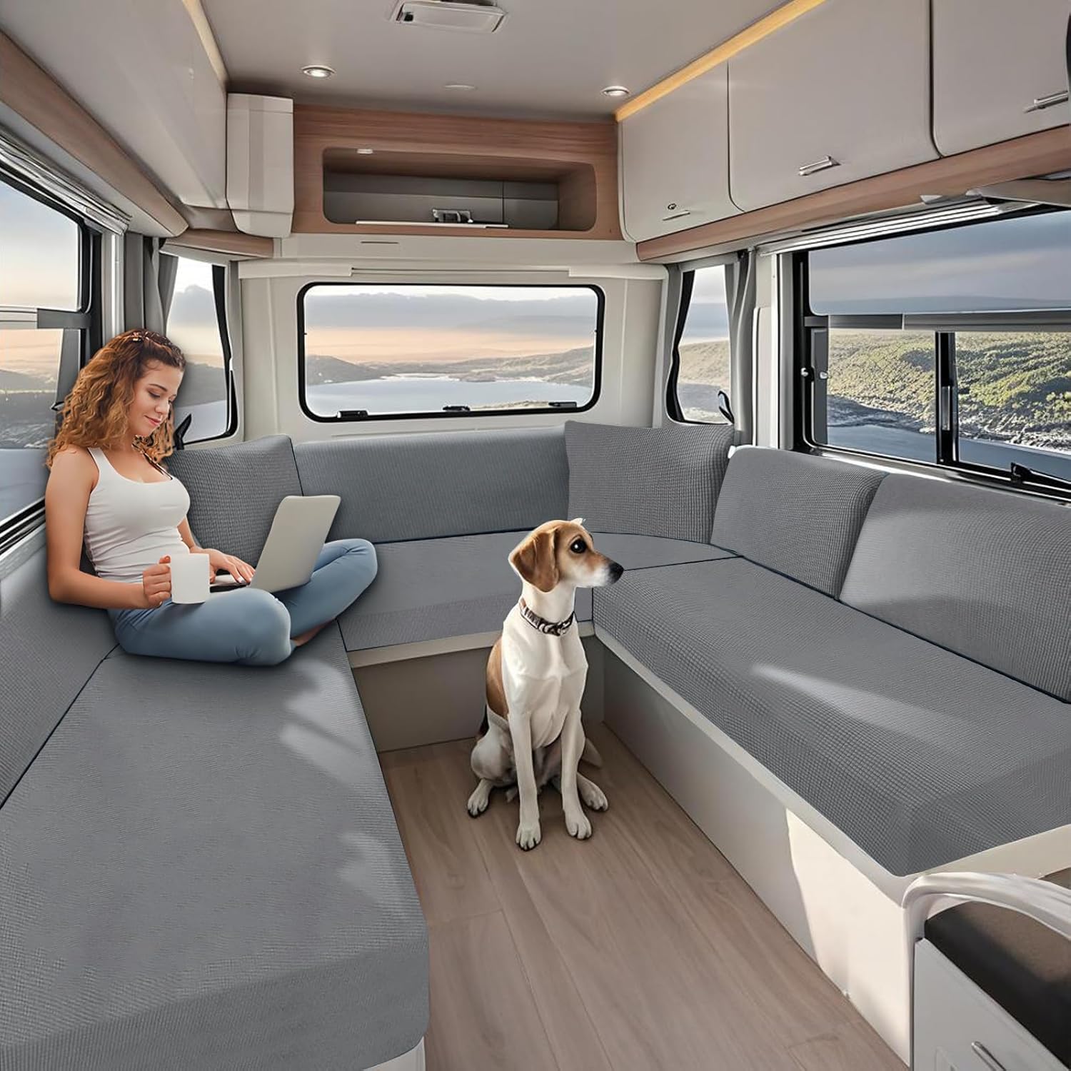 Caravan Seat Cover Stretch Jacquard, Non-Slip RV Dinette Cushion Covers with Tie-up Straps, Couch Cushion Covers for Camper Sofa Bench (Light Gray,W 91-110 in, D 20-28 in)