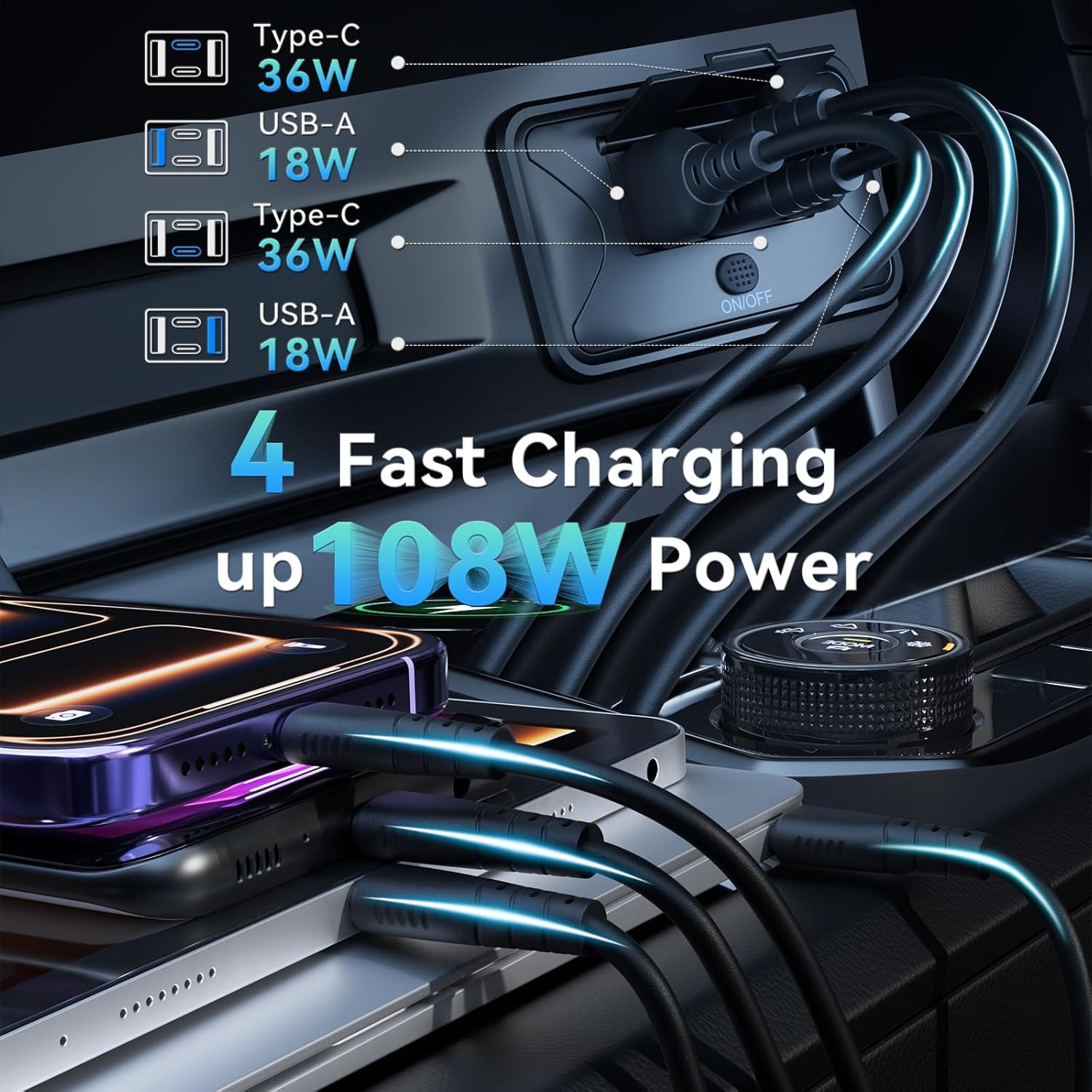 4PCS 108W 4 Ports 12V RV USB Switch Outlet, 2 * 36W PD3.0 Type-C + 2 * 18W QC3.0 Quick Charge Panel Wall Mount Car Charger Socket Waterproof Multi-Port Adapter for Marine Truck Boat ATV Bus