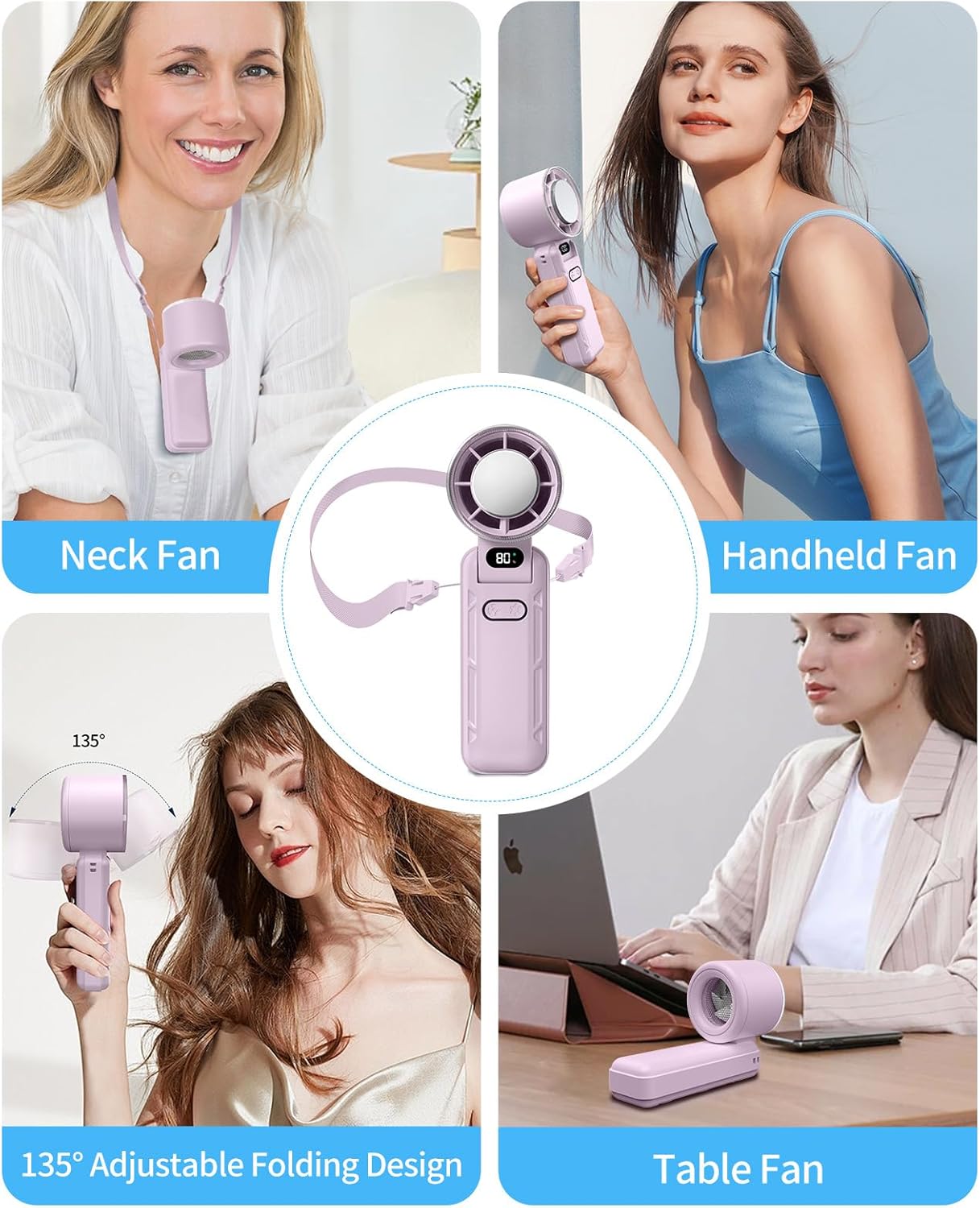 DAORANGE Portable Handheld Turbo Fan, Foldable Mini Fan with Ice Cooler, 5 Speed Wind, 12 Hrs Cooling, 3600mAh Rechargeable, Digital Display, Personal Fans for Travel/Outdoor/Camping, Lavender