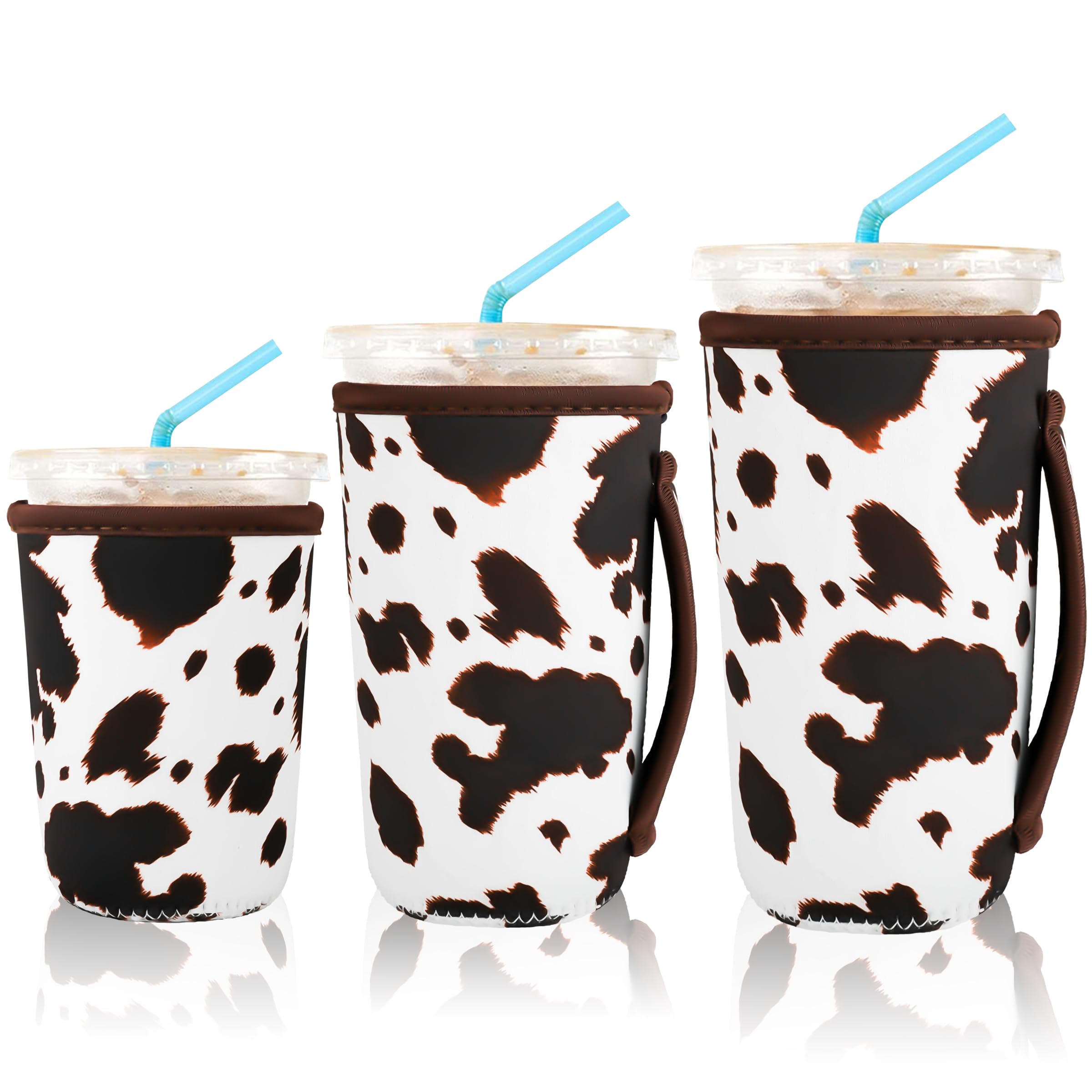 KJQJLY 3 Pack Reusable Iced Coffee Sleeves for Iced Coffee Cups or Drinks Reusable Neoprene Insulated Sleeves for Hot and Cold Drinks from Starbucks, Dunkin, And More (Brown cow)