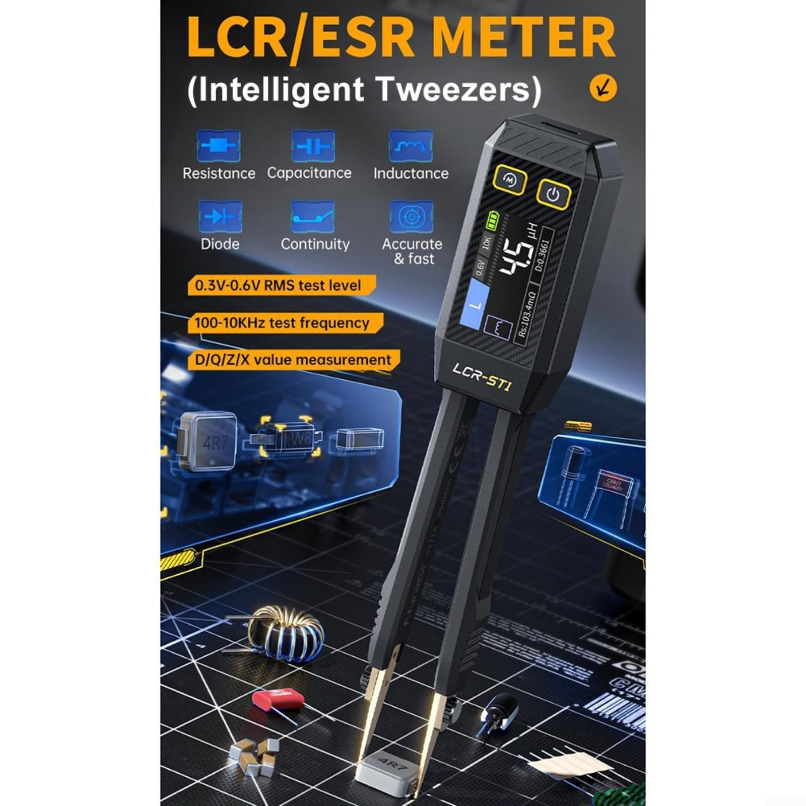 LCR-ST1 Digitales Brückenmessgerät, hochpräzises LCR-Messgerät, intelligente Pinzette, Kapazität, Induktivität, Widerstandsprüfer mit 2,9 cm Farbdisplay, 3 Testfrequenzen, automatische Identifizierung