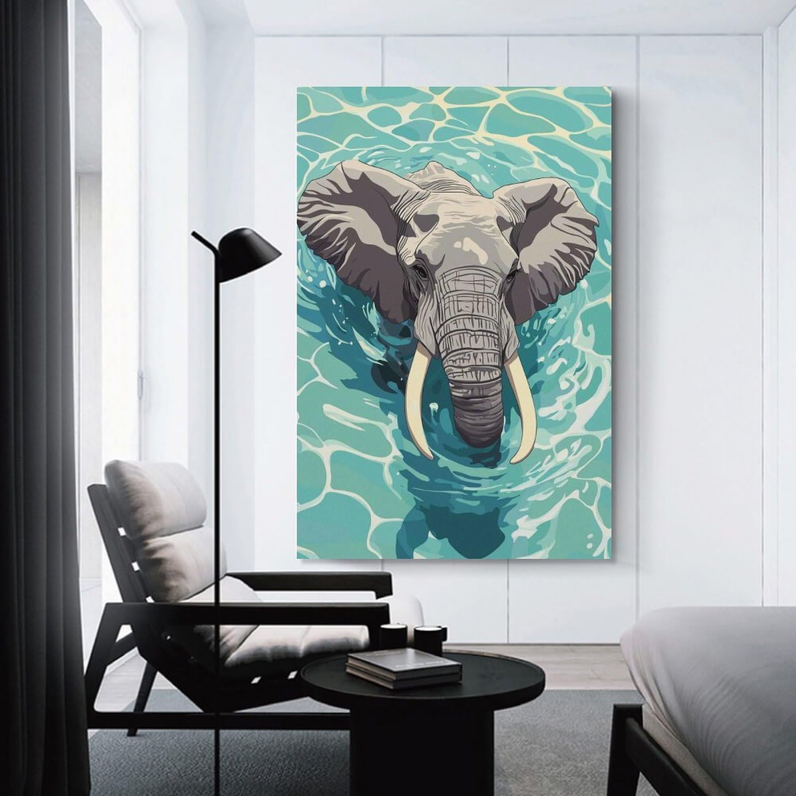 Junmoney Wall Picture Print Elephant Swimming in Blue Water, 12x18inch(30x45cm), for Workspace Walls, Study Corners Or Bedrooms, A Smart Decor Choice for Study Walls