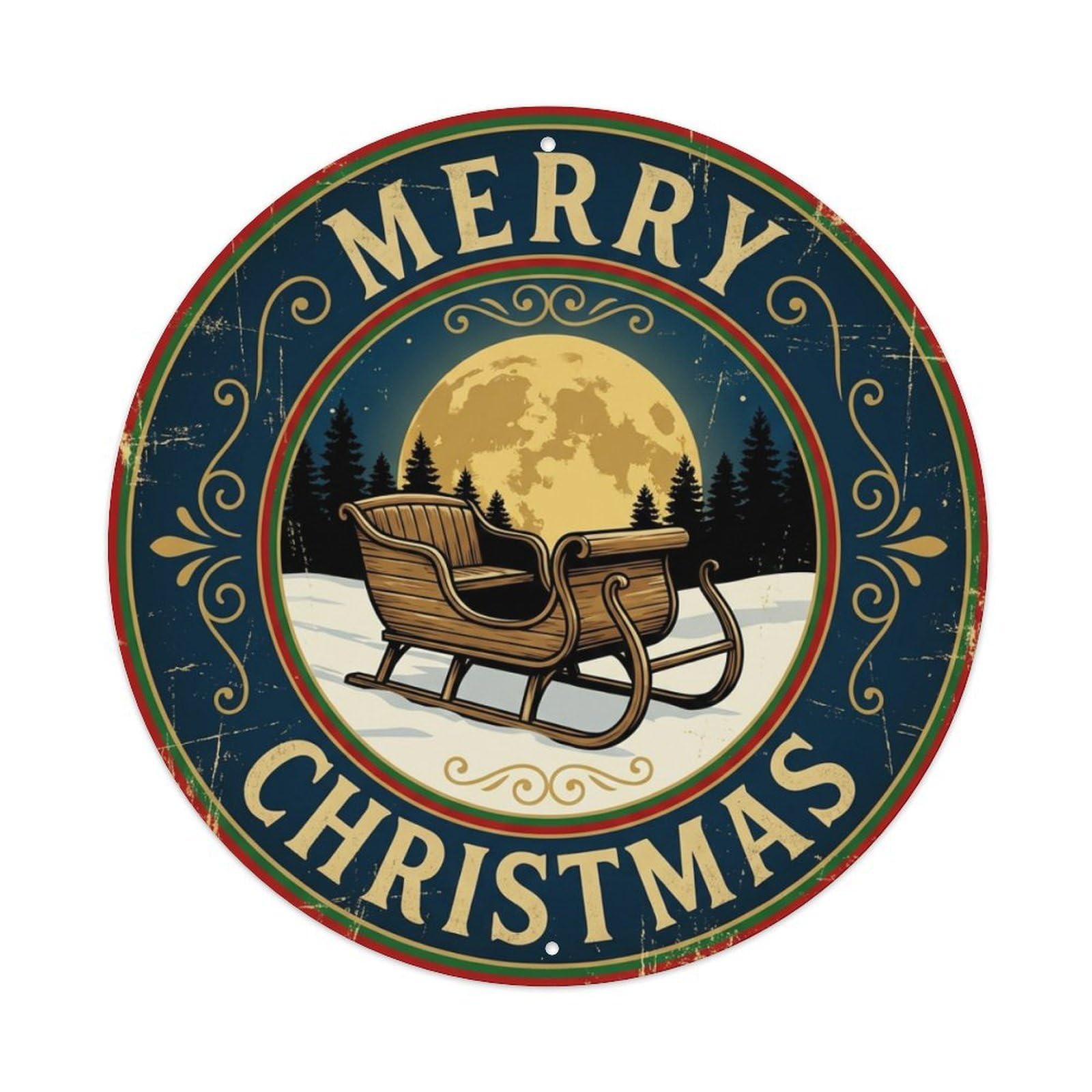 Merry Christmas Sleigh Moonlight Metal Tin Sign