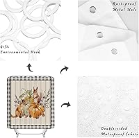 Vista 8 de Cortina de ducha a cuadros de búfalo negro calabaza para baño, cortinas de baño con girasoles y ardillas con ganchos, tela de poliéster impermeable