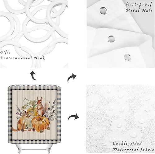 Miniatura 8 de Cortina de ducha a cuadros de búfalo negro calabaza para baño, cortinas de baño con girasoles y ardillas con ganchos, tela de poliéster impermeable,