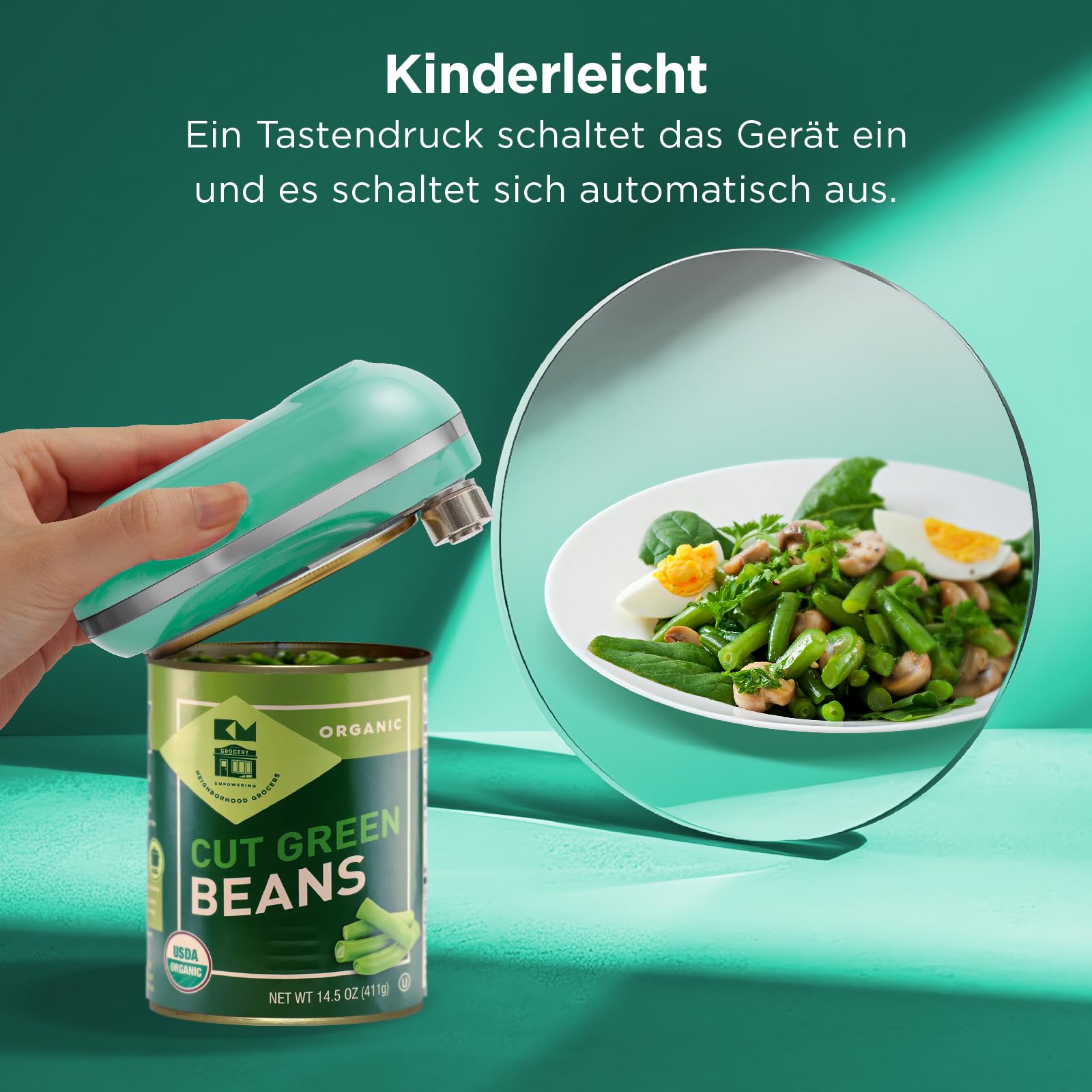 Kitchen Mama Mini Plus Wiederaufladbarer elektrischer Dosenöffner: Kompakt, Aufladen über Typ-C Ladekabel, freihändig, automatische Abschaltung, glatte Ränder, lebensmittelecht (Türkis)