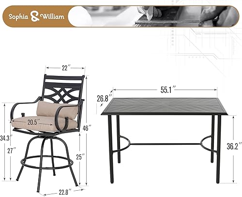 Miniatura 40 de Sophia & William Juego de 5 piezas de mesa de comedor y sillas de patio al aire libre, juego de muebles de 4 taburetes giratorios con cojín rojo y 1