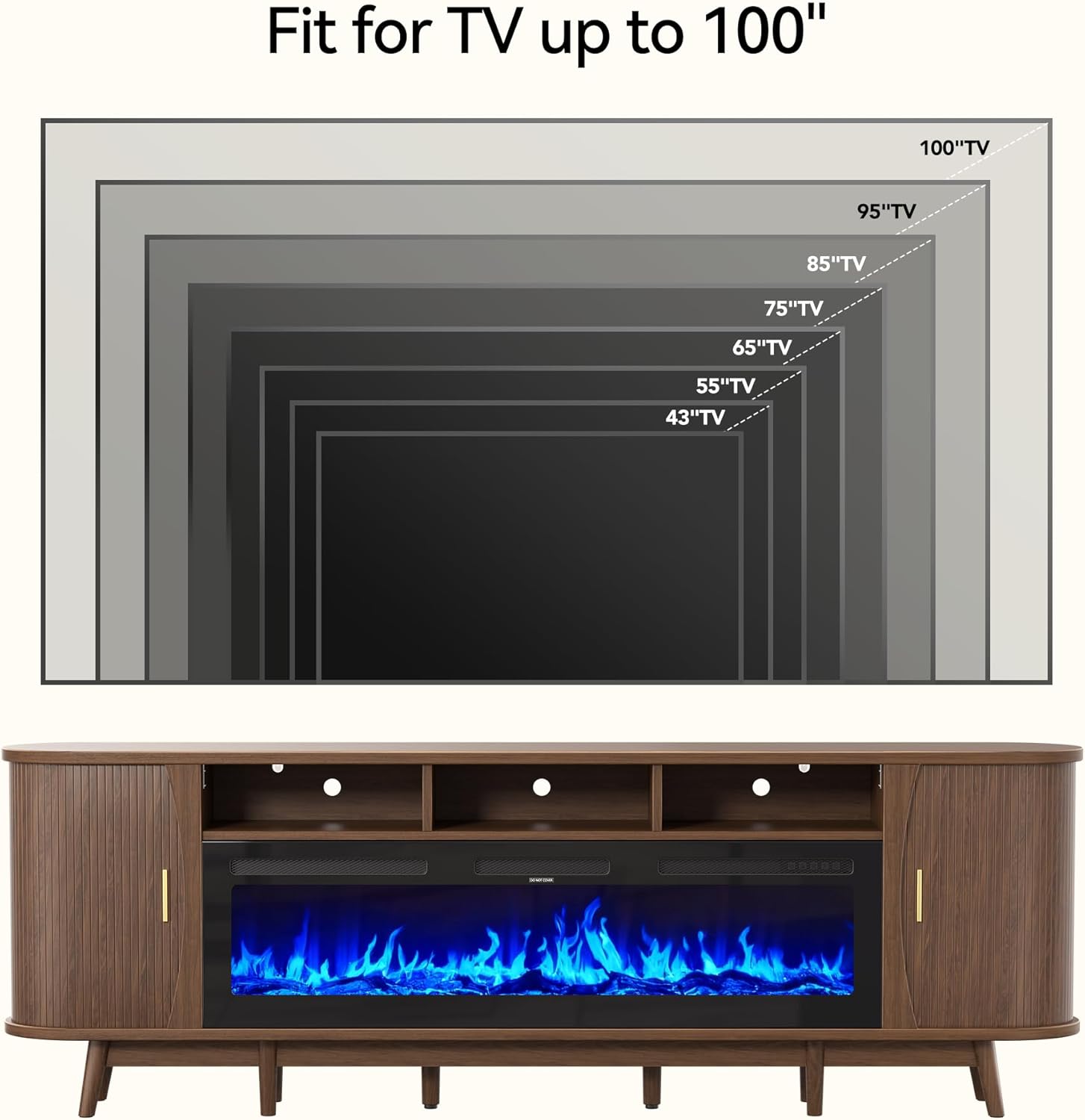 97" Fireplace TV Stand for 100" TV, Mid Century Modern Entertainment Center with 60" Electric Fireplace, Media Console with Sliding Doors & Adjustable Shelves for Living Room, Walnut