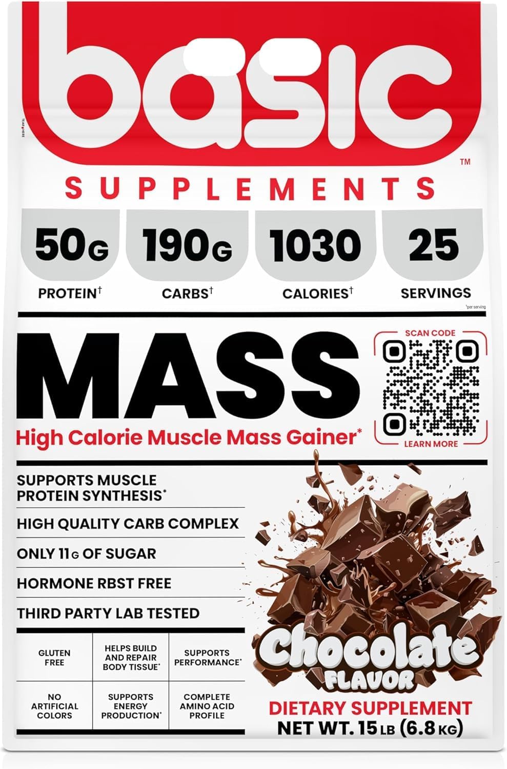 BASIC SUPPLEMENTS Mass Gainer Protein Powder, Supports Muscle Growth & Recovery, 50g Protein, 190g Carbs, 1030 Calories, Gluten-Free, RBST-Free, No Artificial Colors