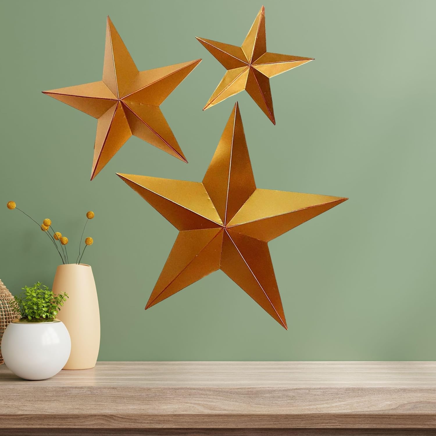 Bellaa 23516 Big Western Star Metal Wall Art Vintage Retro Farmhouse Cottage Yard Lodge Ranch Texas Barn 3D Large Sculpture Living Room Boho Home Decor Outdoor Patio Garden Set 3 Golden