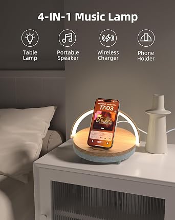 EZVALO Birthday Gifts for Women, Music Table Lamp with Wireless Charger, 4 in 1 Touch Bedside Lamp, Bluetooth Speaker, Phone Holder, Dimmable LED Night Lights Birthday Gifts for Women, Men, Dad, Mom