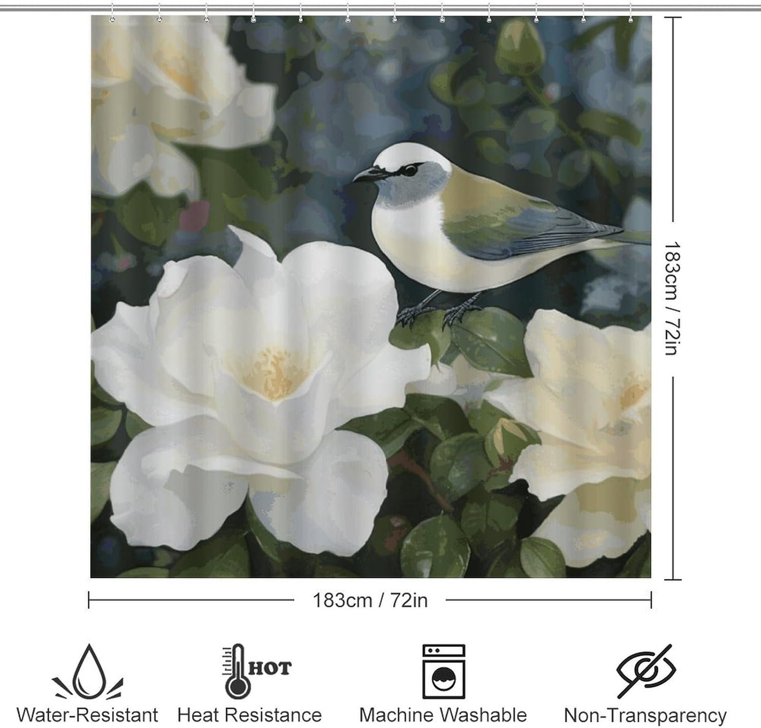 4 Piece Bathroom Rug Set with Shower Curtain, Non-Slip Bath Mat Toilet Cover Set, Gardenia Flowers Birds Bathroom Rug Sets