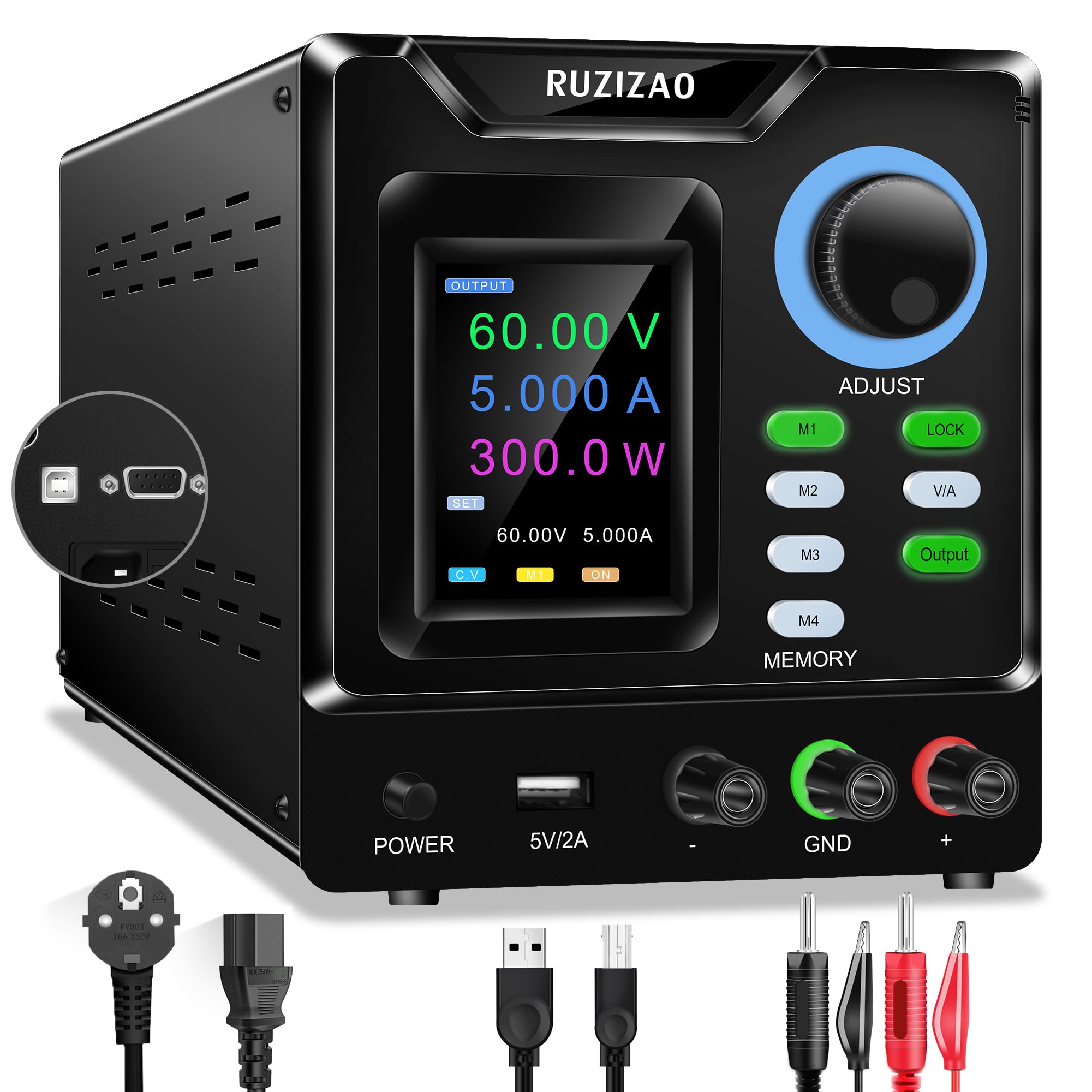 Alimentatore da Banco Programmabile 60V 5A, Alimentatore da Laboratorio con Memoria/OUTPUT/Encoder, Alimentatore Regolabile Variabile con Software, Pulsante di Blocco e Porta di Ricarica USB