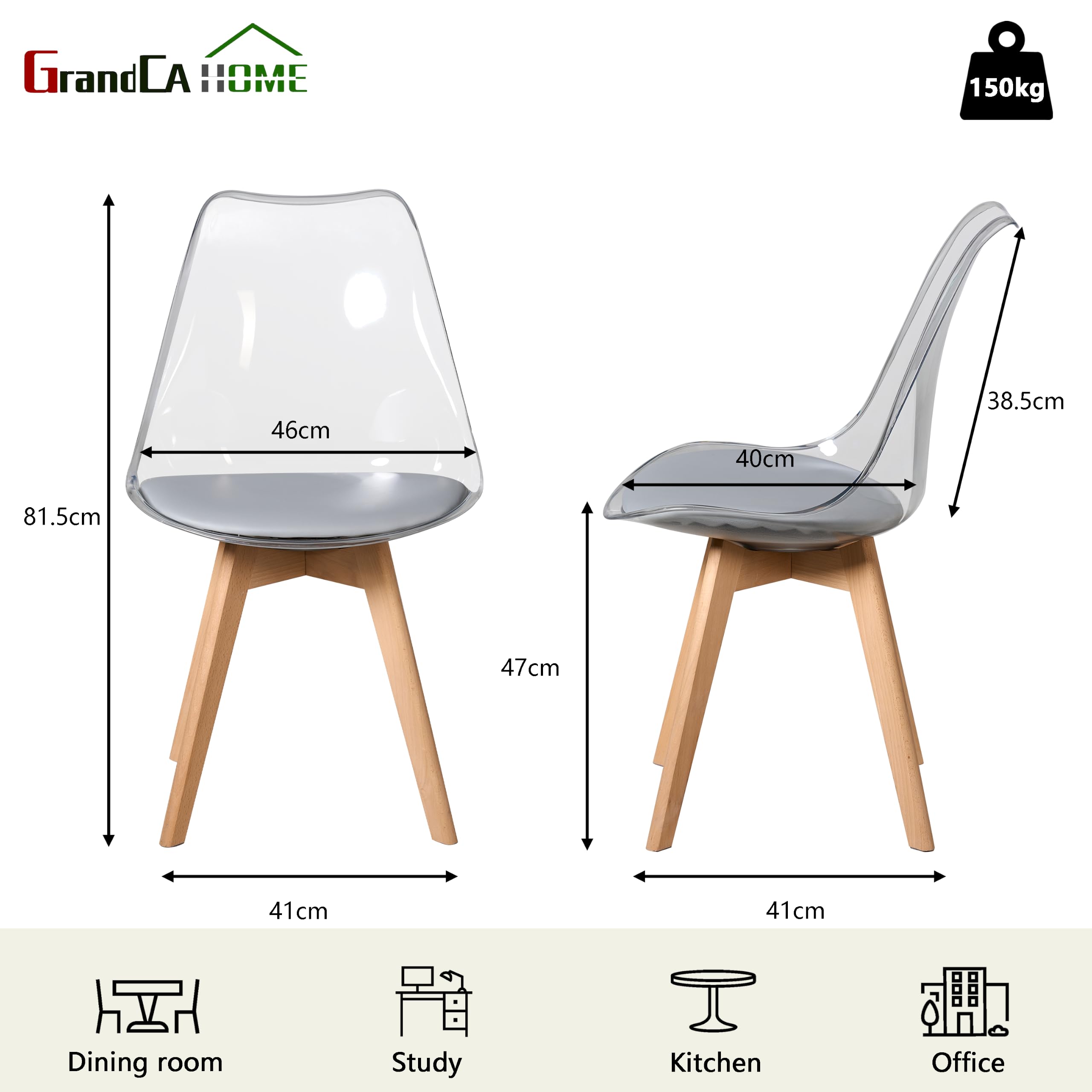 GrandCA HOME Juego de 4 Sillas Nórdicas, Respaldo Transparente,Patas Haya | Silla ergonómica Para Cenas Familiares, Apartamentos y Restaurantes,Almohadón PU, Fácil Limpieza y Montaje Rápido,Gris - PU