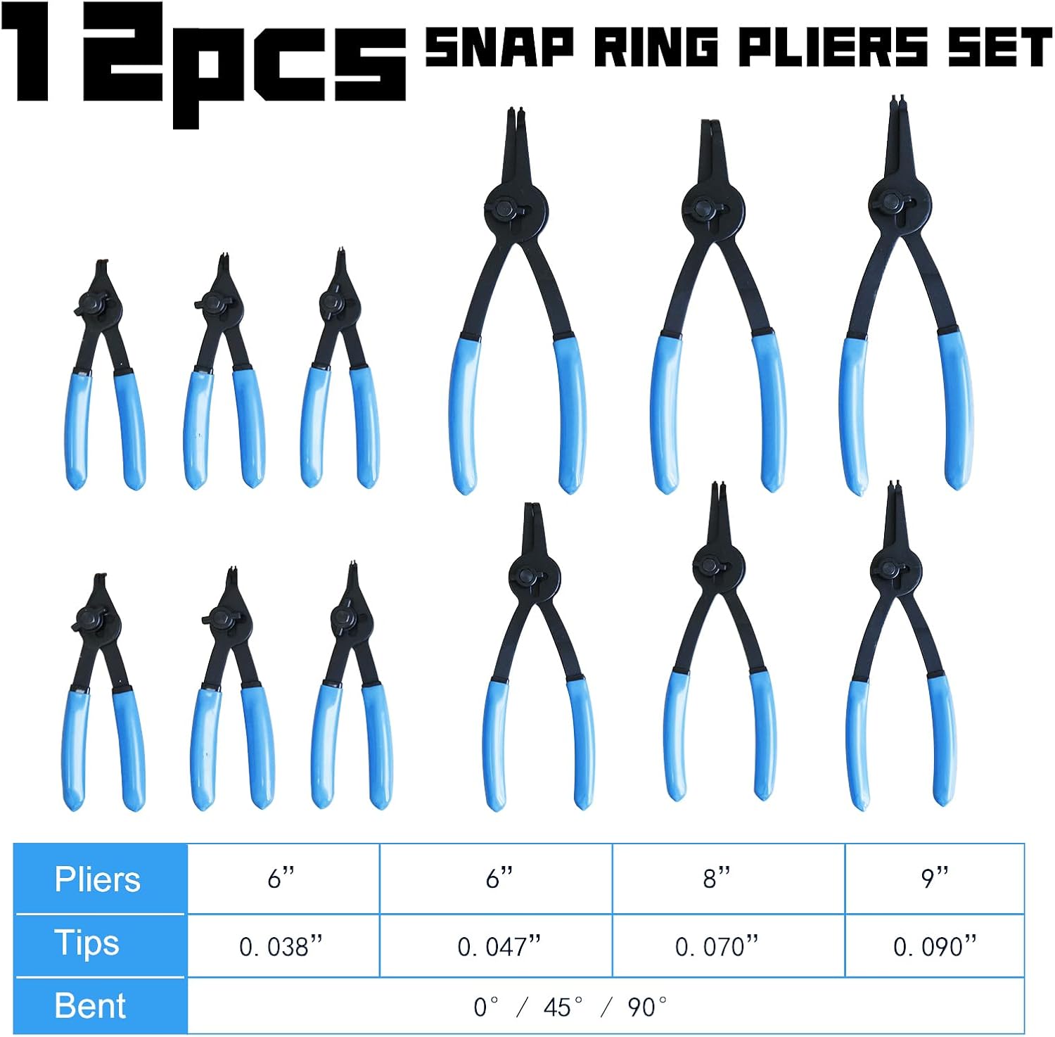 12-Piece Heavy Duty Convertible Retaining Ring Pliers Set, Internal/External Snap Ring Pliers with 4 Fixed Tip Sizes (0.038in-0.090in) for Automotive & Machinery Maintenance