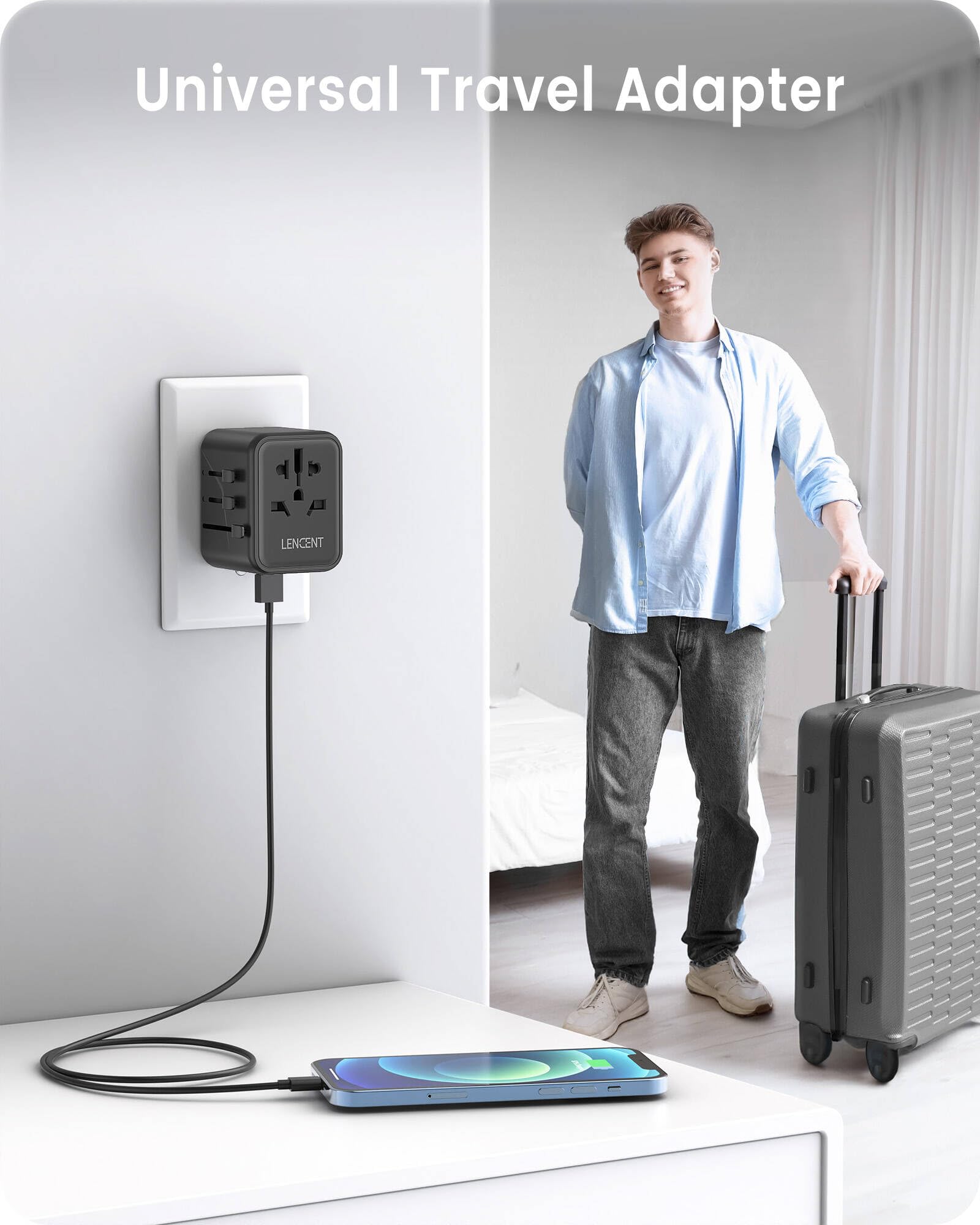 LENCENT Adattatore Spina Universale, Presa Internazionale con 2 Porte USB, Caricatore Spina da Viaggio per Europa, Stati Uniti, Canada, Regno Unito e Australia, Mini & Compatto, per 200+ Paesi -Nero