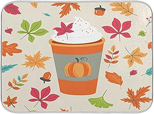 Tapete de secado de platos de café con leche y especias de calabaza para encimera de cocina, 16 x 18 pulgadas, reversible, hojas de otoño,