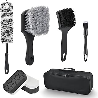 7 peças Kit de limpeza de carro, escova de limpeza de carro Inclui escova de rodas de carro, escova de dupla cabeça para detalhes, esponja de polimento e Bolsa de armazenamento para lavagem e