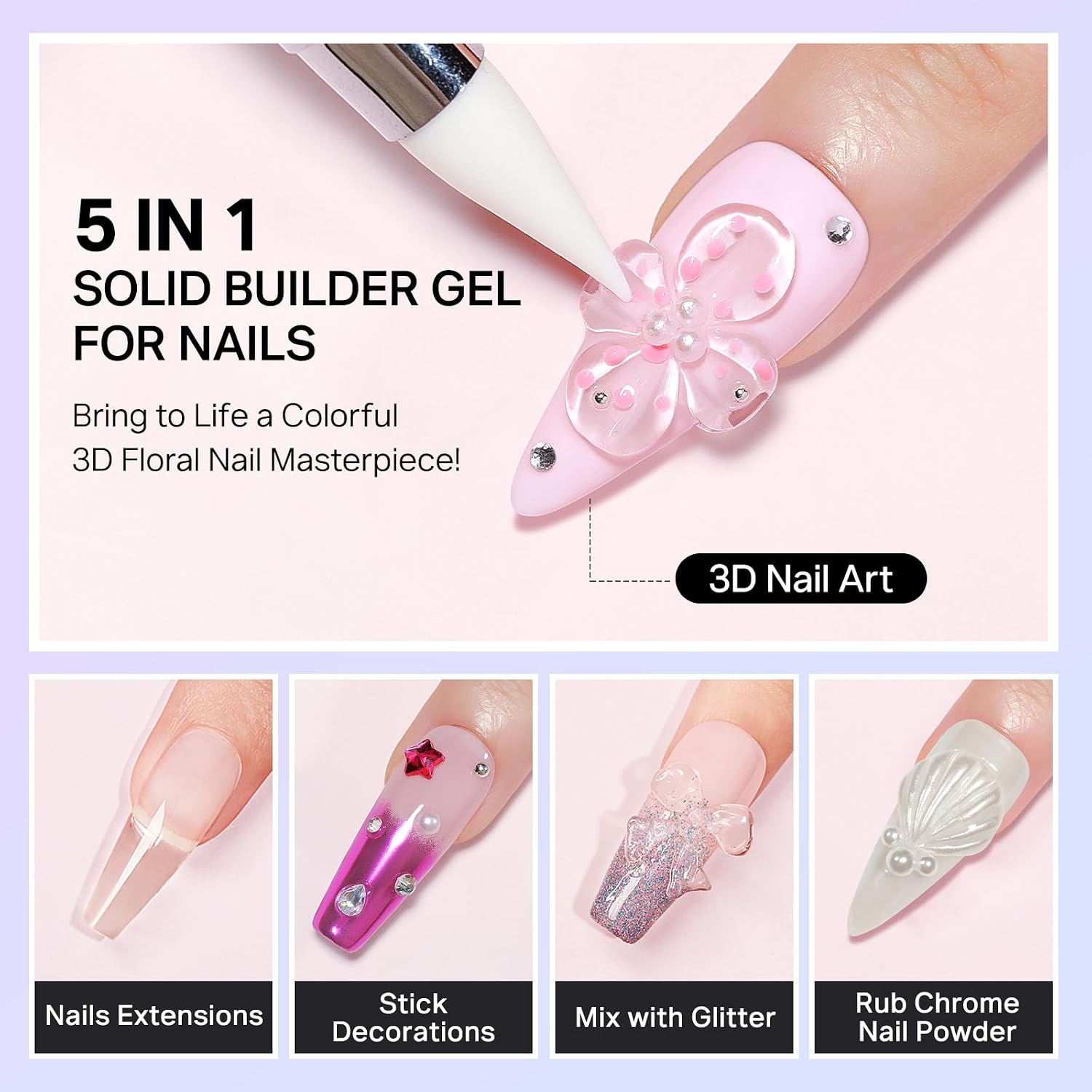 MIZHSE 60G HEMA Free & TPO Free 3D Gel Nail Art for Sculpting, 5 in 1 Non-sticky Hard Solid Builder Gels for Carving, Molding and Building Gel for Woman Girl Home DIY Manicure