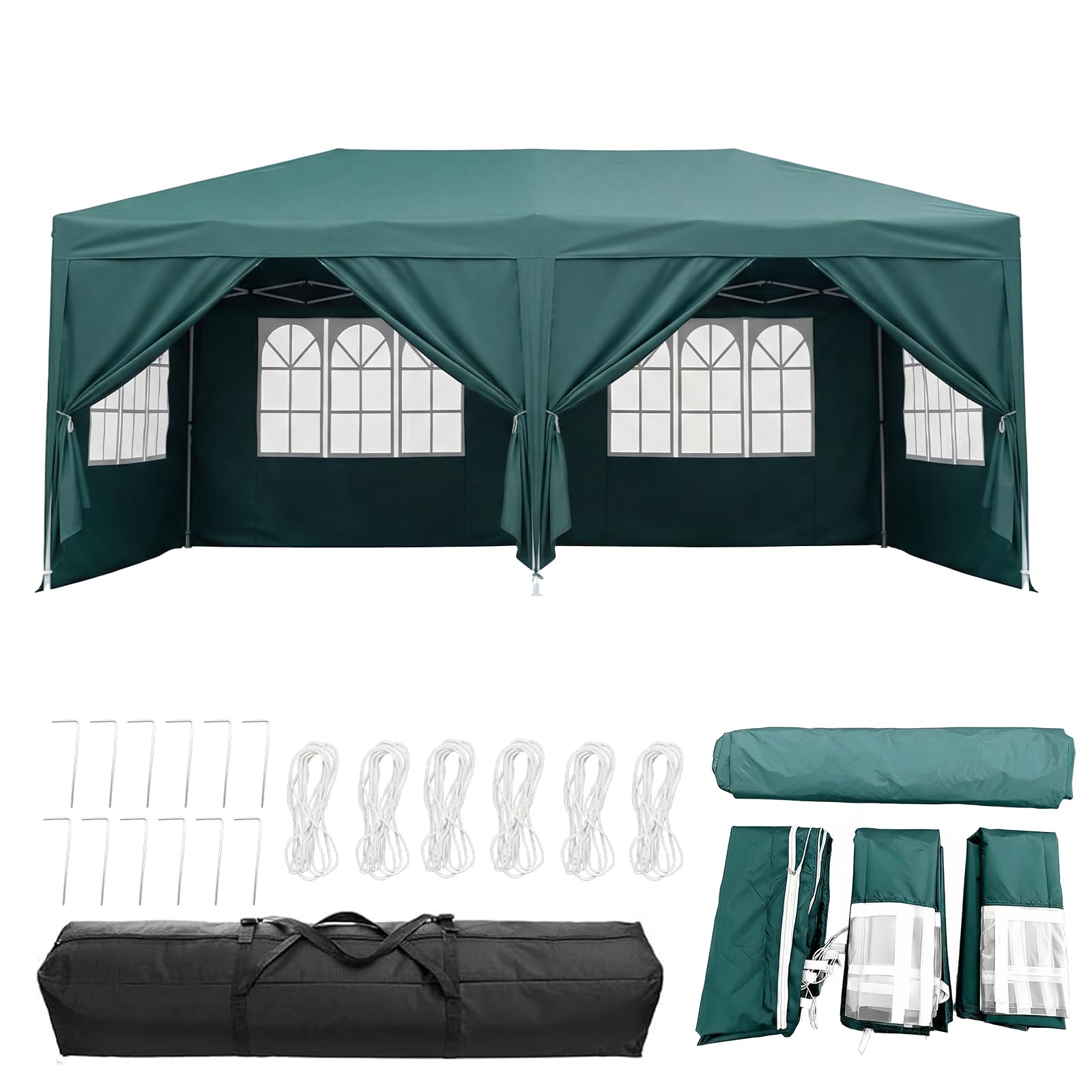 Panana Pop Up Gazebo with Side Panels, 6x3m, Waterproof Canopy Tent with Windows, 3 Height Adjustable Levels, Carry Bag Included (Green)