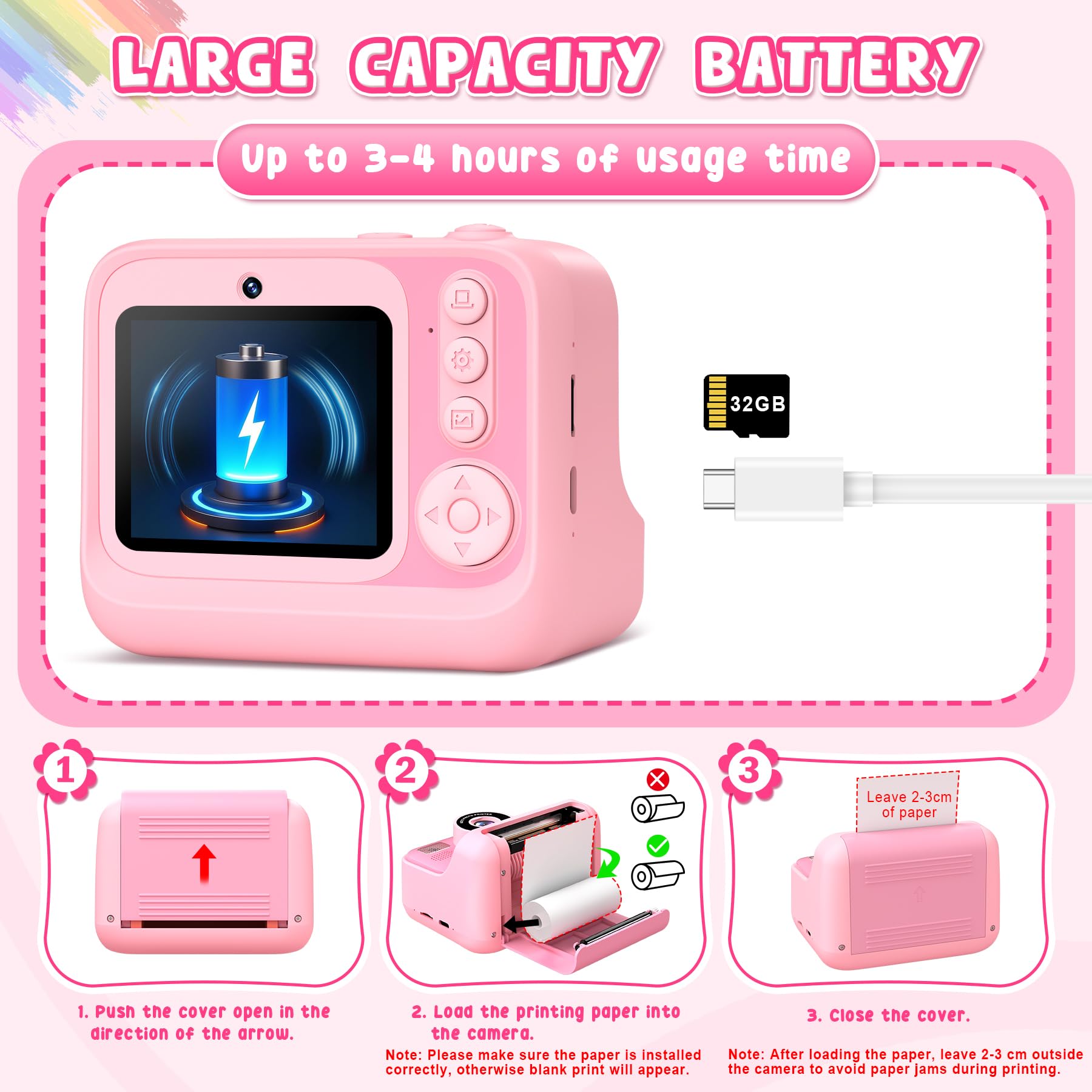 Subtail Cámara de impresión instantánea para niños, cámara instantánea de 2.4 pulgadas para niños con tarjeta de 32 GB, 3 rollos de papel de impresión, cámaras digitales para selfies de 1080P para