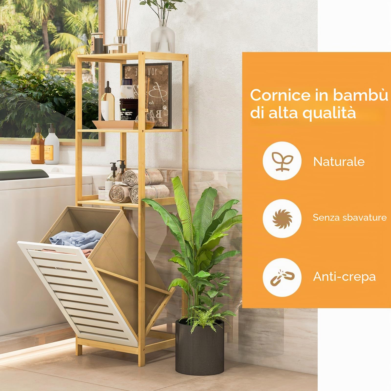 LIFEZEAL Armadio da Terra, Scaffale da Bagno a 3 livelli, Cesto Portabiancheria in Bambù, Mobile Biancheria Sporca, Porta Biancheria Salvaspazio con Scomparto per Laundry,36x33x130cm