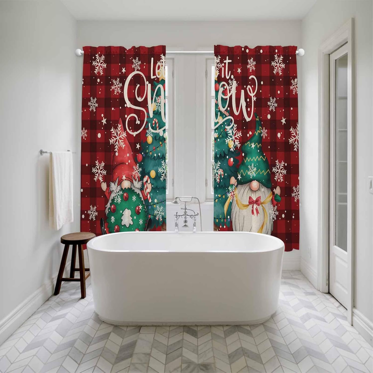 Christmas Tree Window Curtains 72 Inch Long 2 Panel Set, Rod Pocket Long Curtains & Drapes, Gnomes Winter Snowflake Retro Red Plaid Light Filtering Window Treatment for Bedroom Living Room 52"W x 72"L