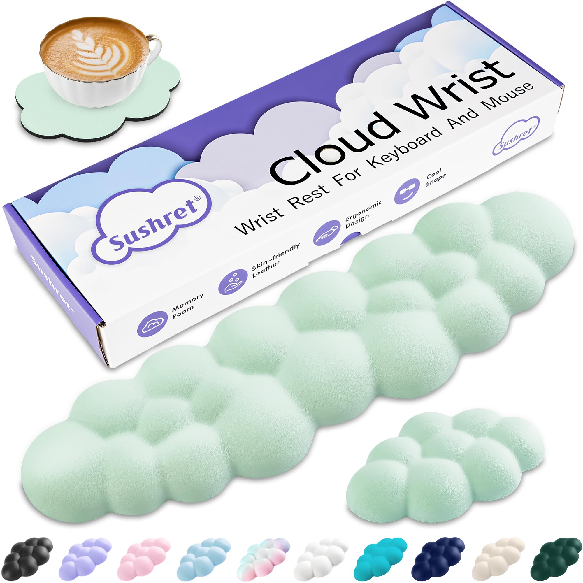 Cloud Wrist Rest Keyboard, Cloud Palm Rest Set with PU Leather Memory Foam, Cute Keyboard Rest for Wrist Support and Arm Rest, Desk Cloud Wrist Pad for PC/Gaming/Laptop/Computer-Light Green