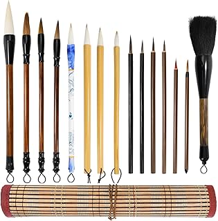 16 Pieces Chinese Calligraphy Brush Set, Sumi Brushes with Roll-up Bamboo Holder, Sturdy Japanese Watercolor Painting Writing Brushes, Kanji Art Drawing Brushes for Beginners