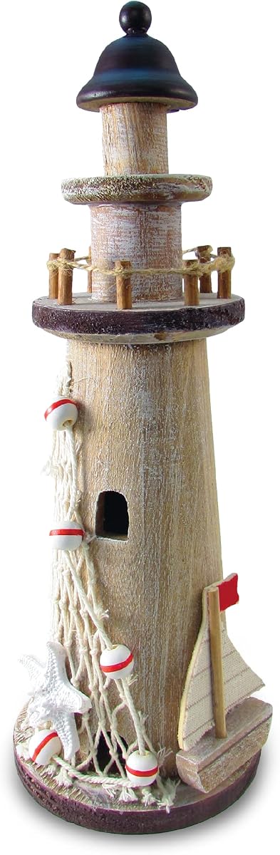 Puzzled Large Wood Brown Lighthouse Model - 12" Starfish & Sailboat Decorations Handcrafted Tabletop Tower Indoor or Outdoor Party Centerpiece Living Room
