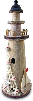 Puzzled Large Wood Brown Lighthouse Model - 12" Starfish & Sailboat Decorations Handcrafted Tabletop Tower Indoor or Outdoor Party Centerpiece Living Room