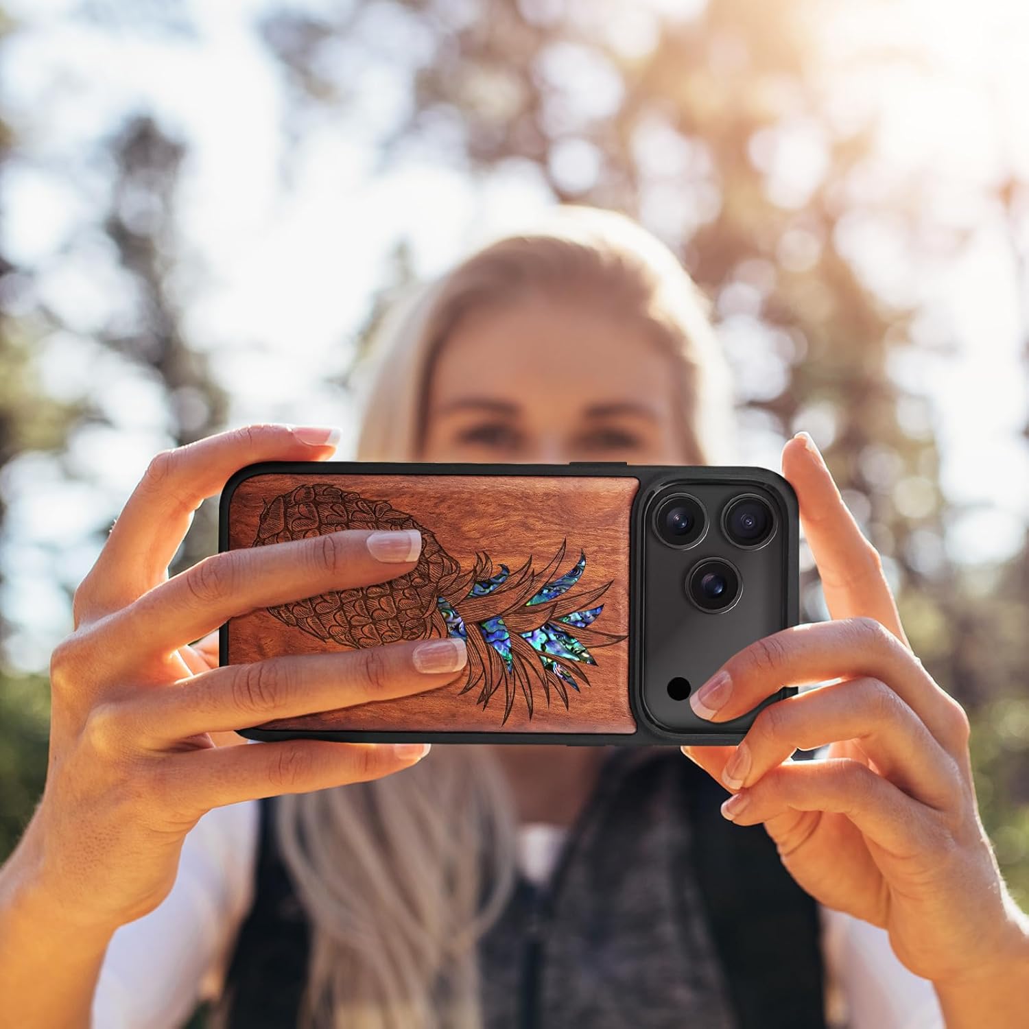 Carveit Magnetic Case for iPhone 17 Pro Max Case, Wood Artisan Engraved & Handmade Shell Inlaid, TPU Shockproof Cover, Compatible with MagSafe Wireless Chargers (Pineapple-Rosy)