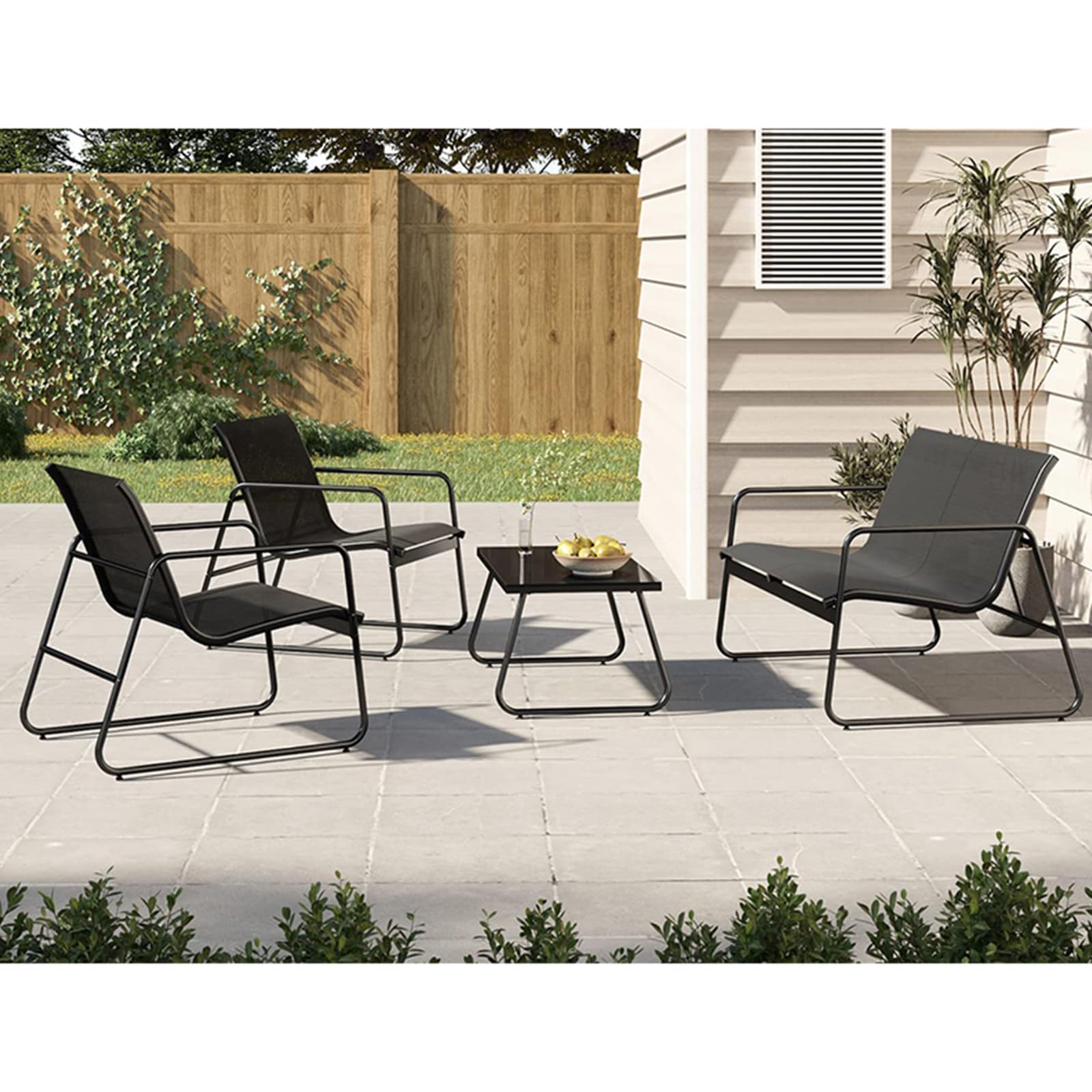 Grand patio Ensemble de Mobilier d'extérieur, 4 PC, Chaises du Porche, 3 Chaises et 1 Table en Verre, Textile, Meubles Terrasse pour Toutes Les Saisons, Maison, Jardin et Extérieur (Noir, Large)