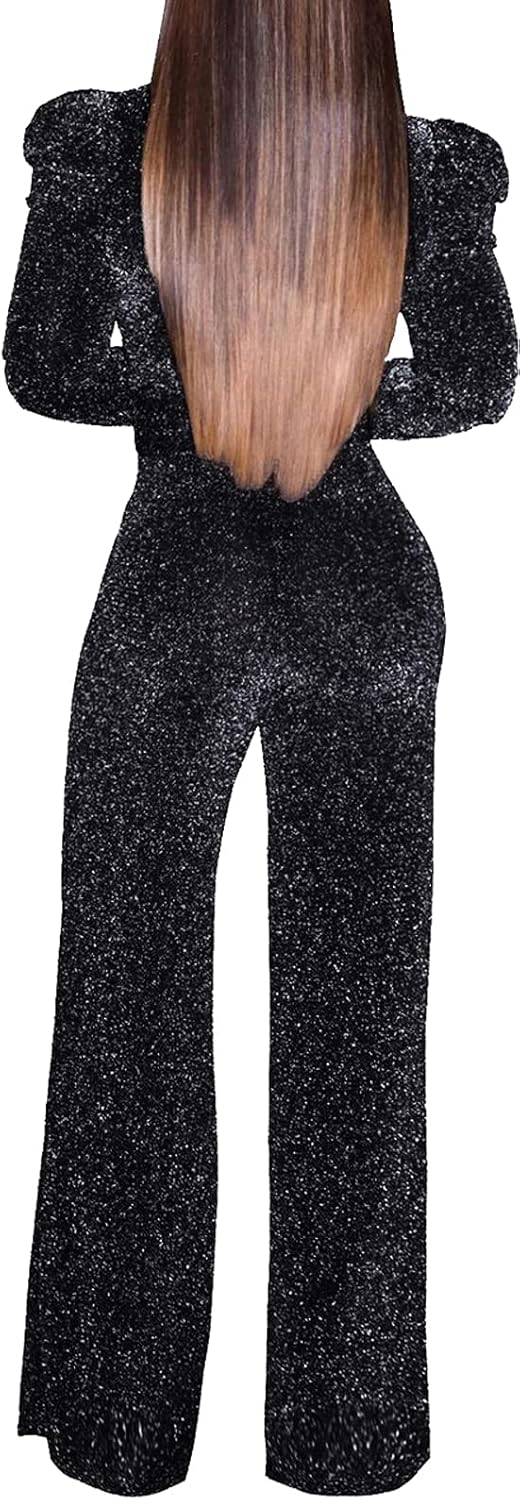 SeNight Women Sparkly Jumpsuits Sexy Long Sleeve Elegant Mock Neck Shiny Straight Long Pants Rompers Club Night Outfits - Image 2
