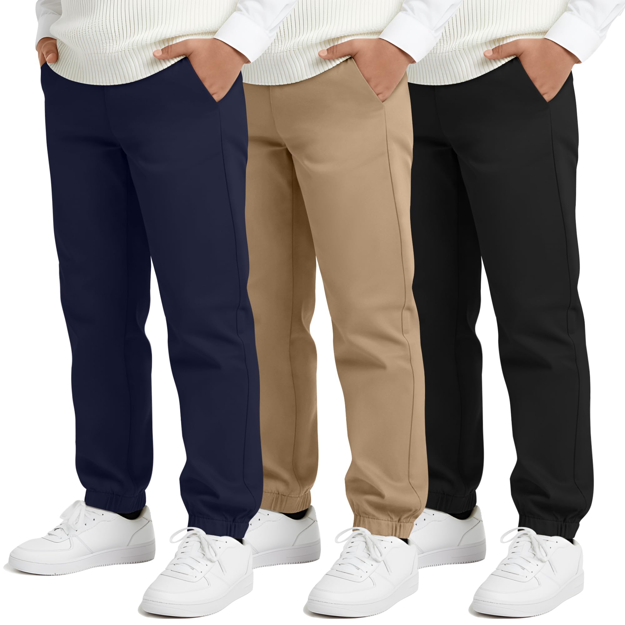 3 Pack Boys Uniform Jogger Pants School Wear Elastic Waist Pull-on Stretchy Pants with Pockets for Kids 6-14