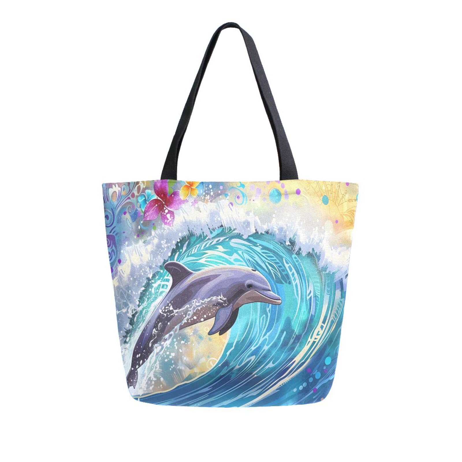 Mnsruu Dolphin Ocean Wave Canvas Tote Bag Women Large Shoulder Bag Reusable Grocery Shopping Bag Handbag Purse